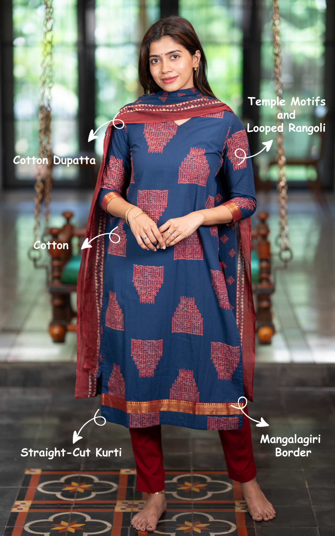 Blue Cotton Elegant Straight Cut Kurti with Dupatta for Women