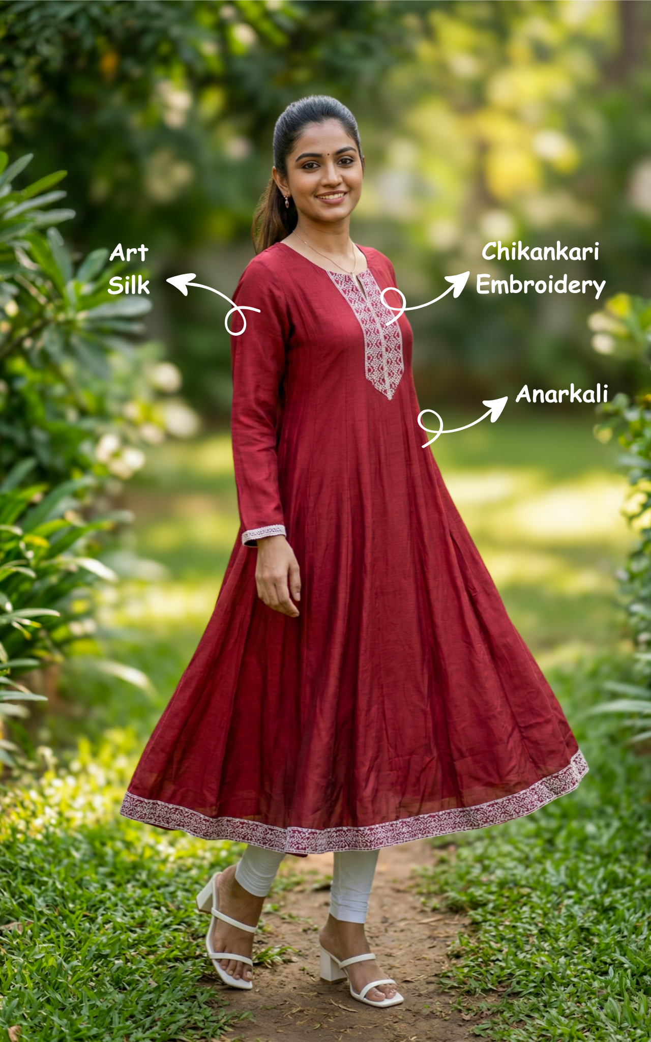 Maroon ethnic anarkali kurti
designer art silk flared kurti
festive chikankari embroidered kurti
traditional anarkali kurti for women