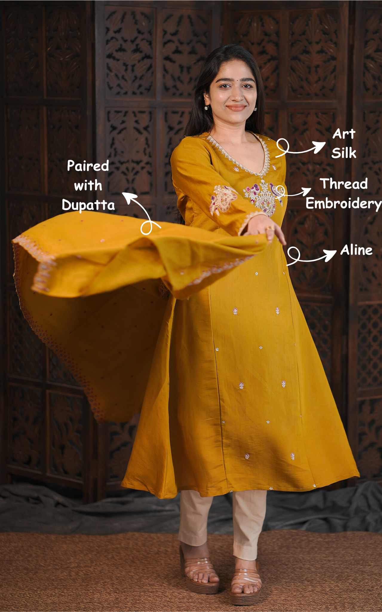 Stylish Mustard Art Silk Kurti with Floral Embroidery & Dupatta