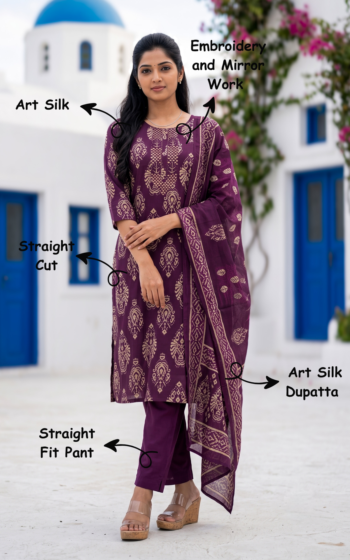 Tharigai Plum (Kurti+Pant+Dupatta)