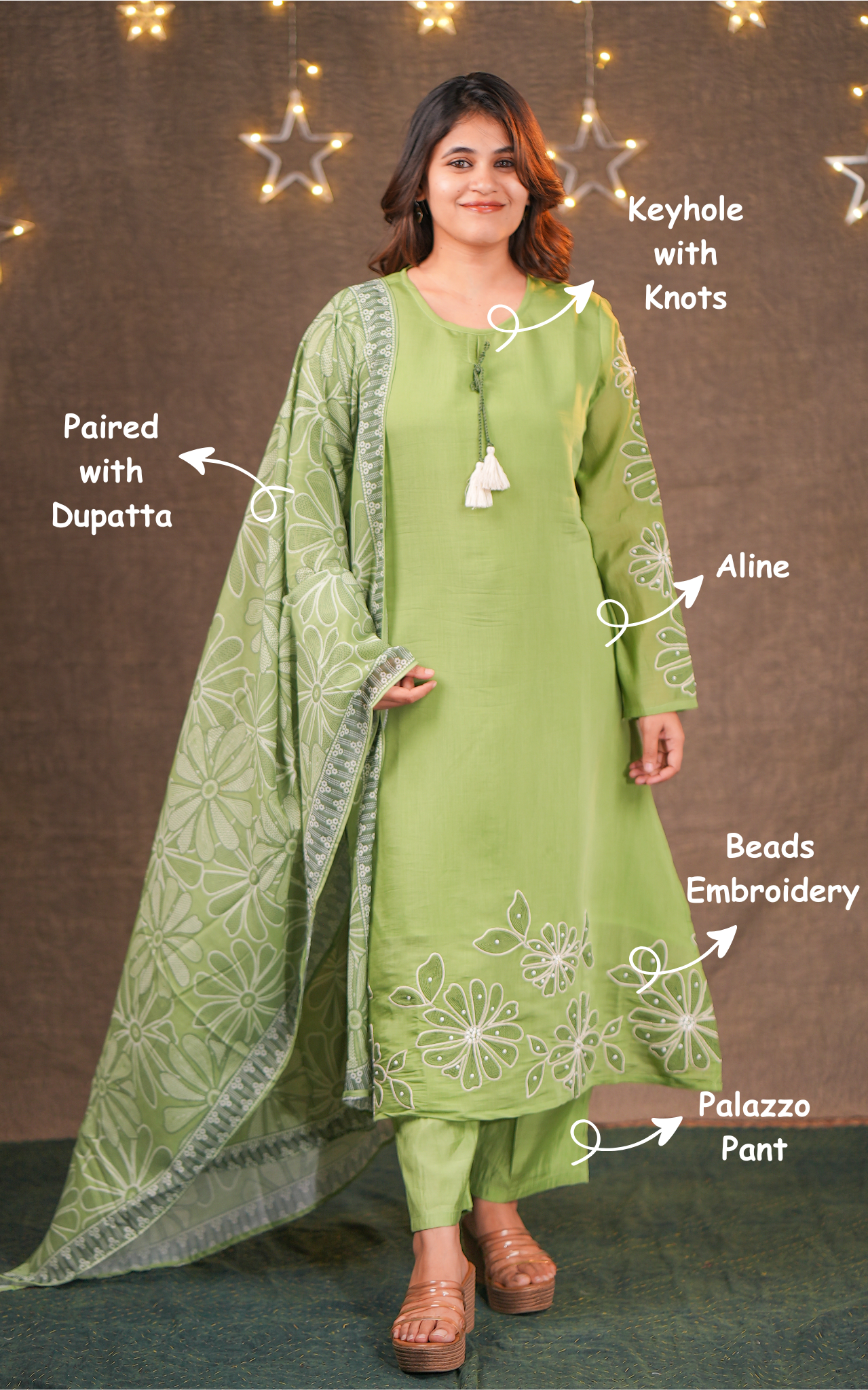Instore - Green Color Art Silk Beads Embroidered Aline Kurti with Matching Dupatta & Palazzo Pant with One Side Pocket