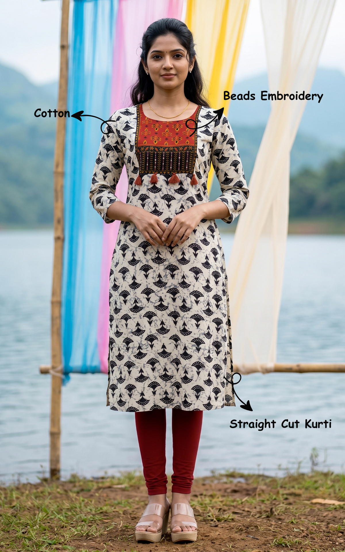 White and Black Cotton Elegant Kurti for Women
