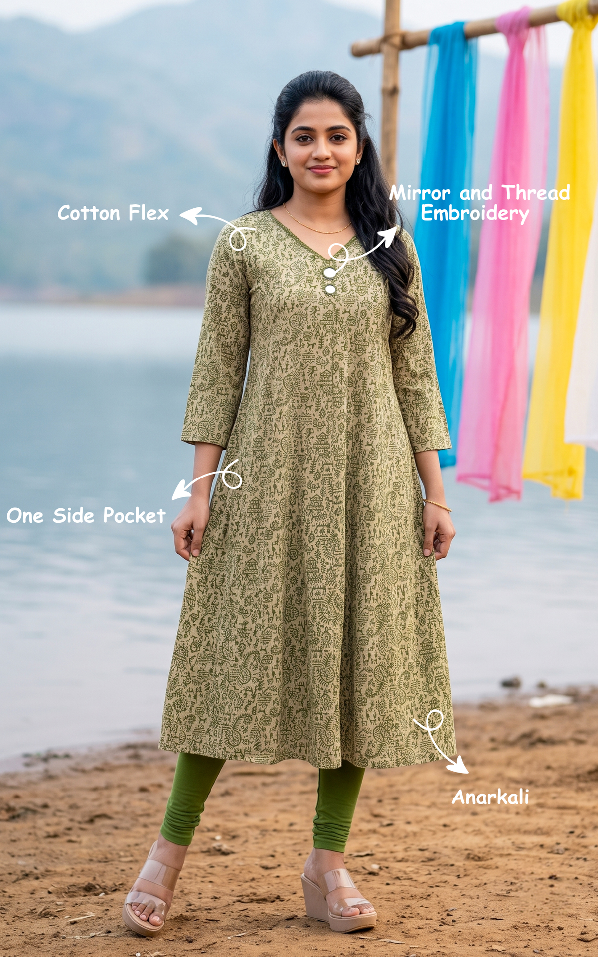 Mehandi Green Cotton Flex Casual Wear Anarkali Kurti for Women