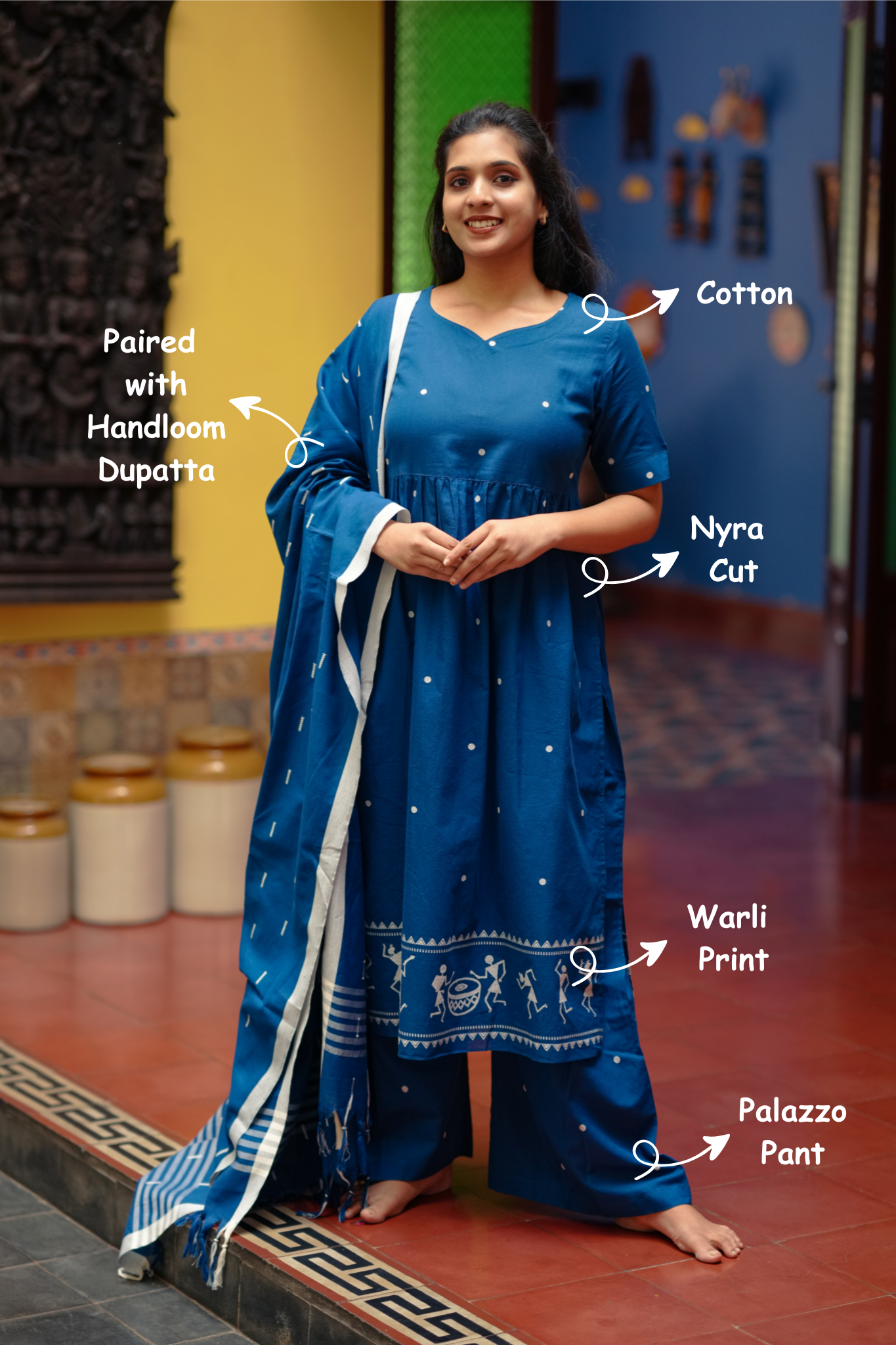 festive navy cotton kurti set with palazzo
party wear warli print kurti
elegant cotton kurti for special occasions
ethnic cotton kurti and palazzo for weddings / festive
stylish bright navy kurti set for festive occasions