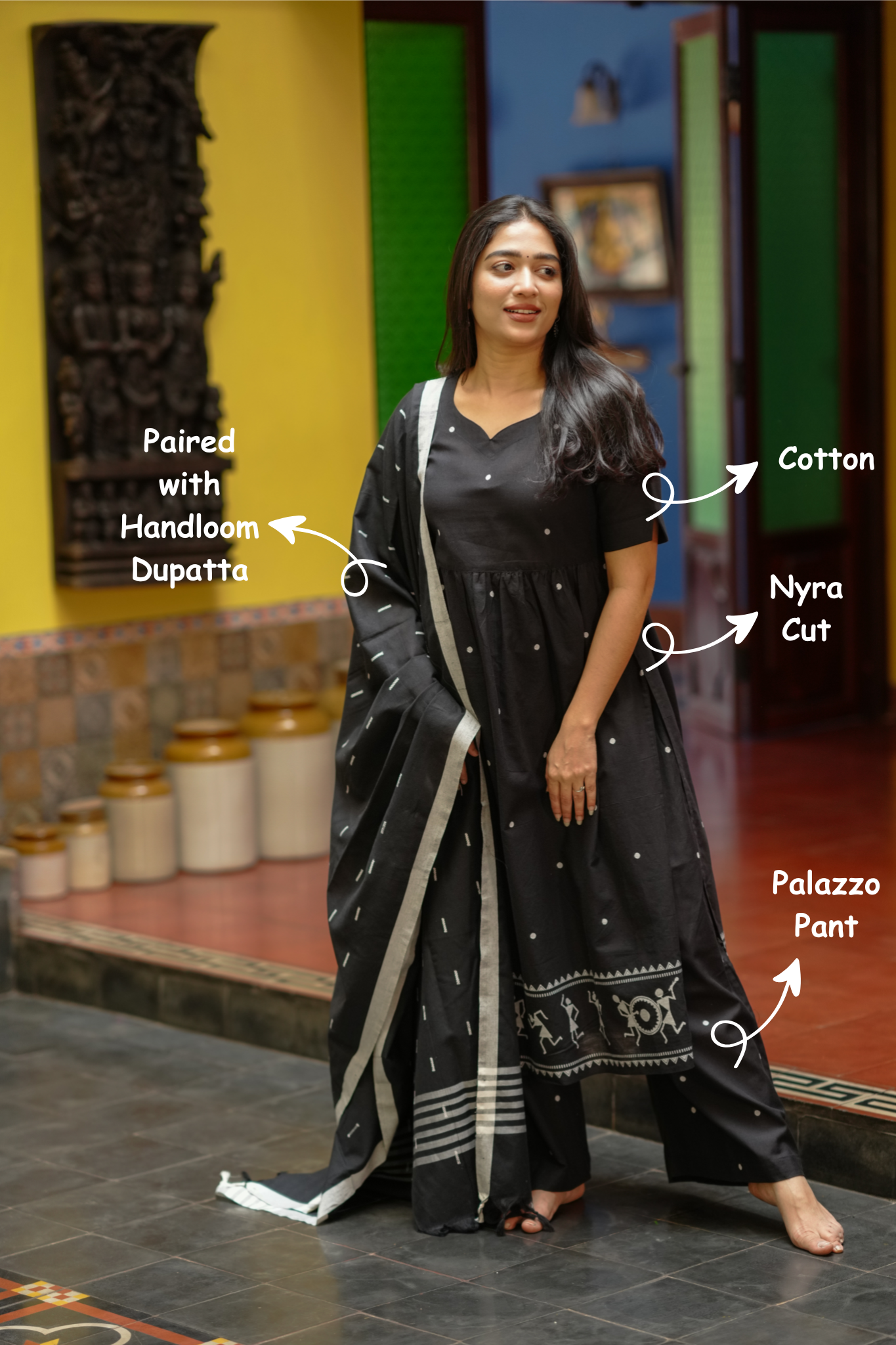 elegant cotton kurti for special occasions
ethnic cotton kurti and palazzo for weddings / festive
stylish black kurti set for festive occasions