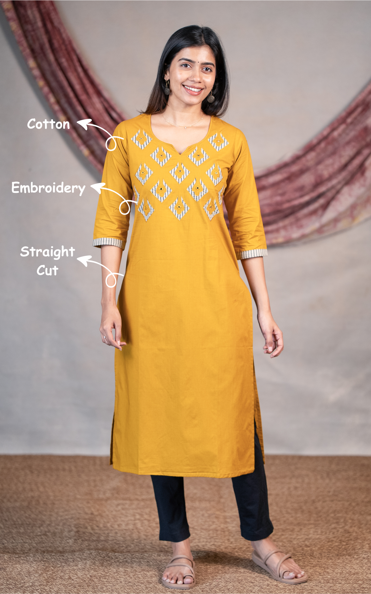 Mustard ethnic cotton kurti for women