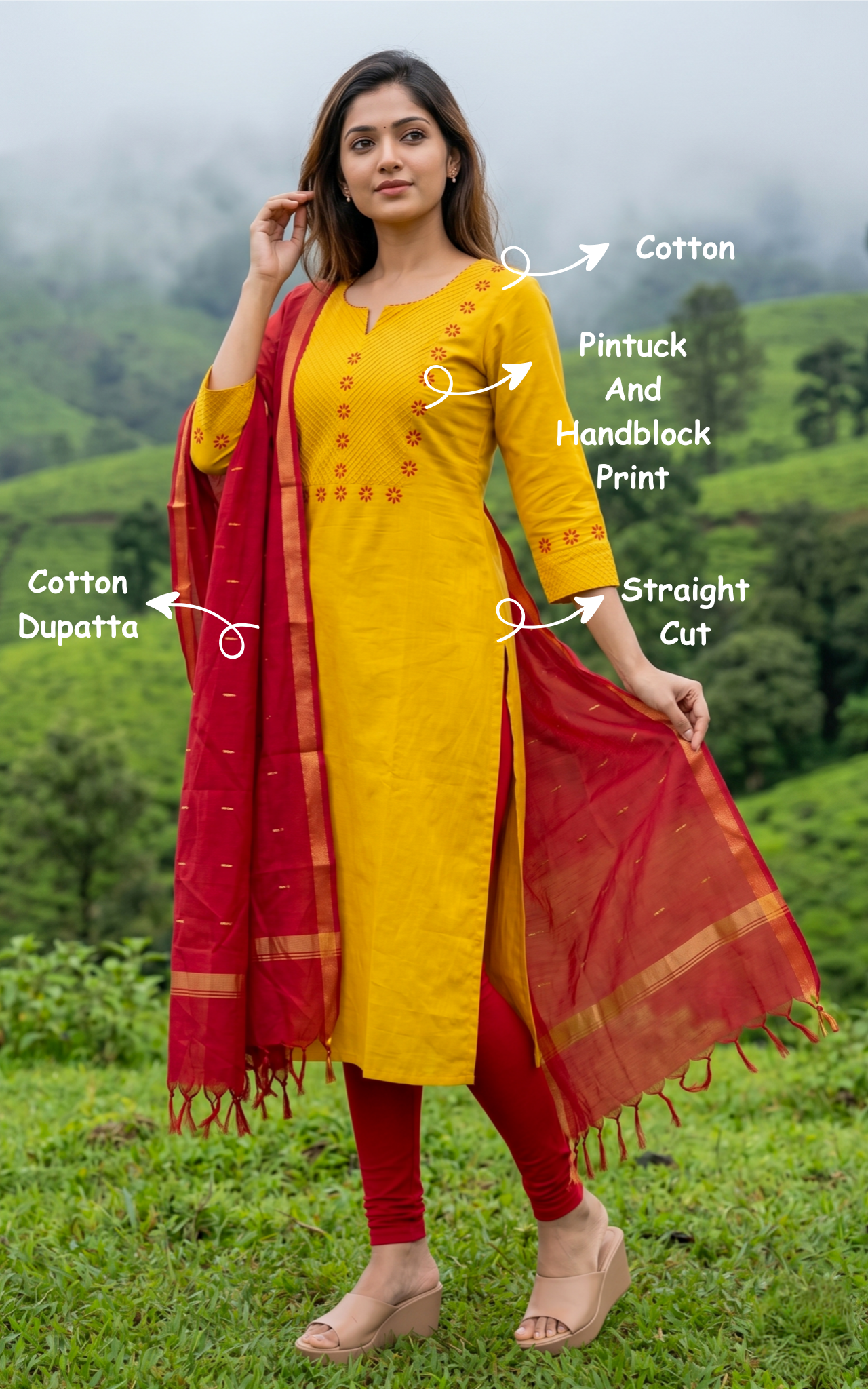 Instore – Mustard Cotton Straight Cut Kurti with Dupatta for Women – Side Slit – Ethnic Wear