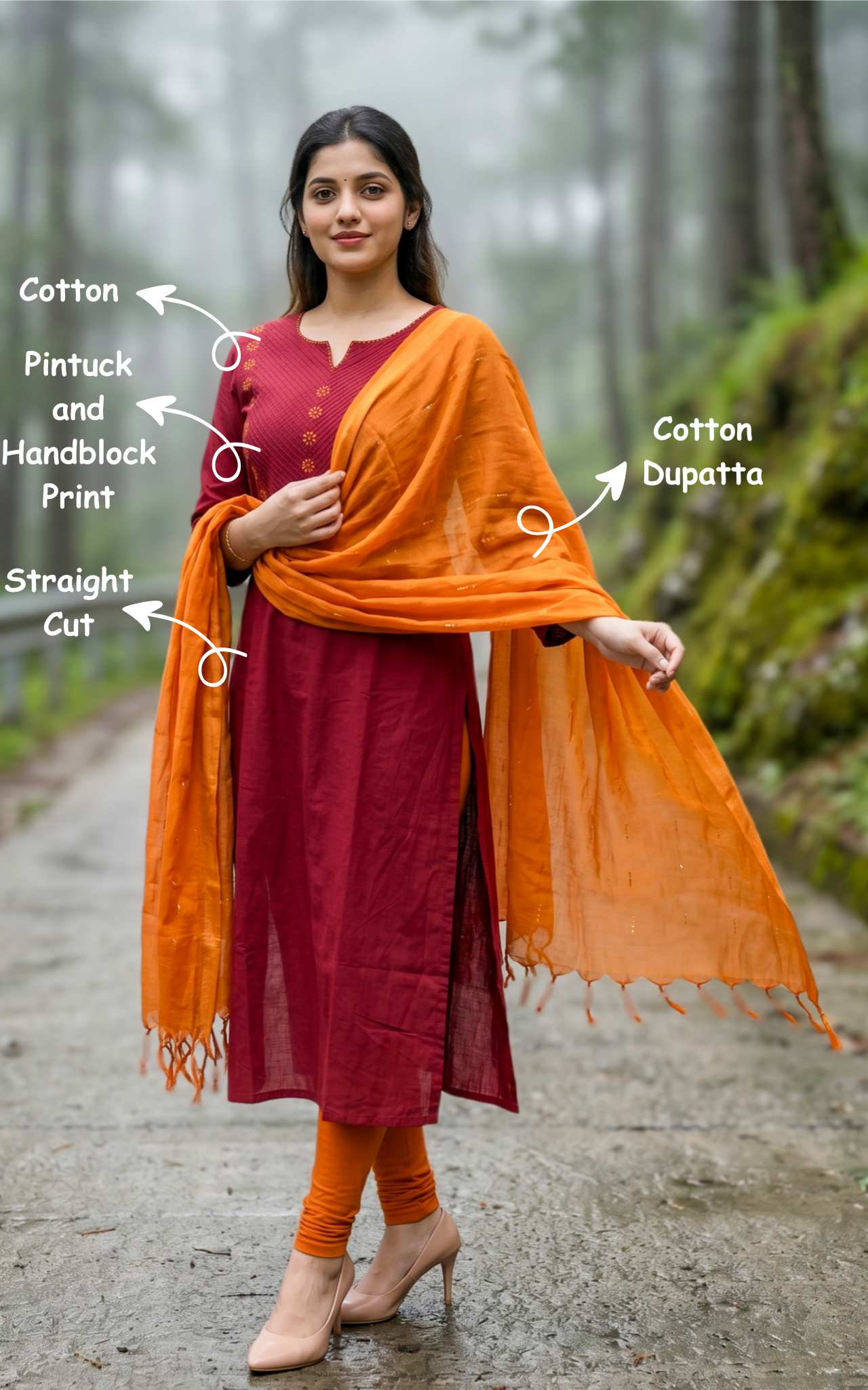 Instore – Maroon Cotton Straight Cut Kurti with Dupatta for Women – Side Slit – Ethnic Wear