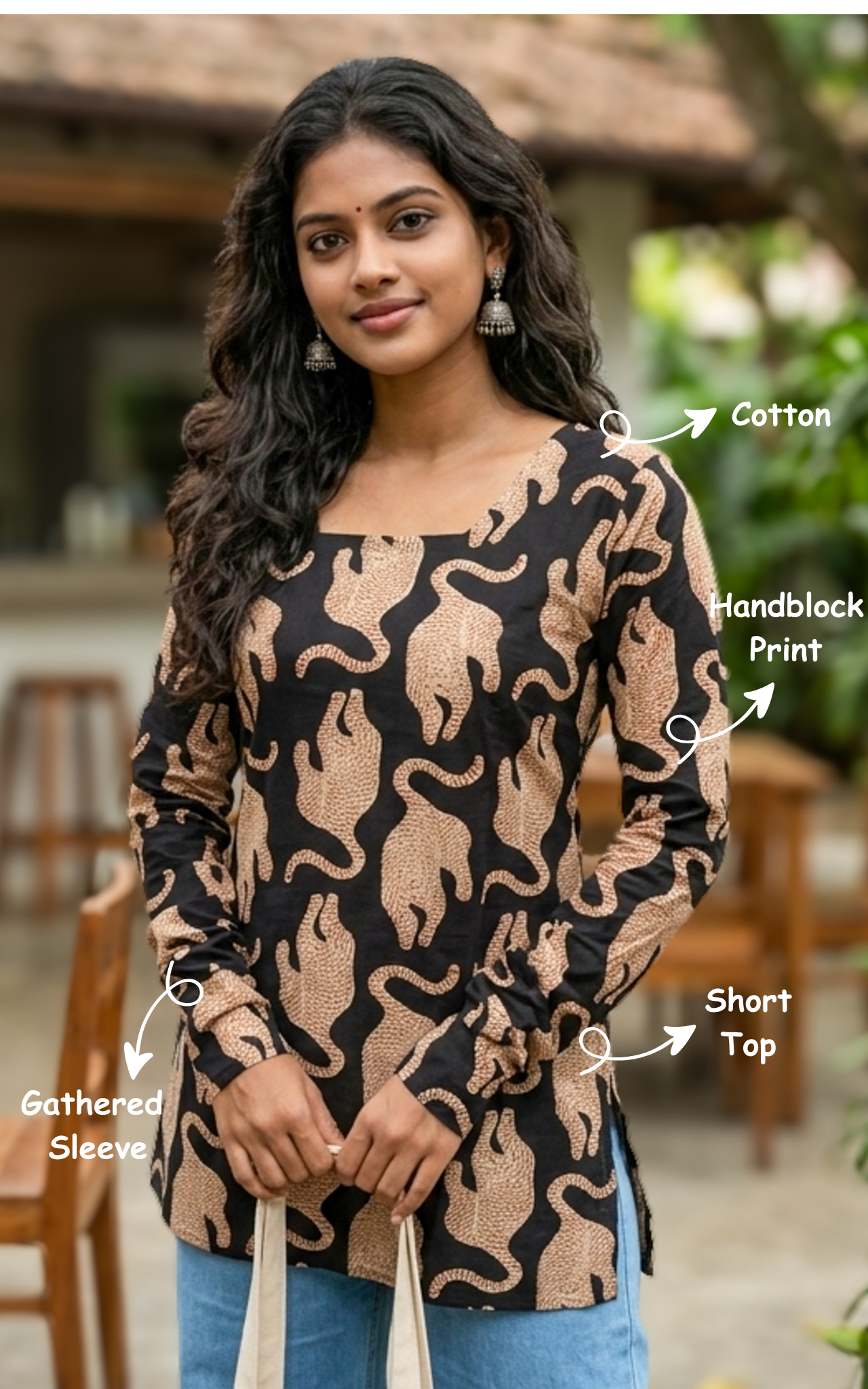 Instore – Handblock Printed Cotton Short Straight Cut Kurti for Women – Gathered Sleeves – Ethnic Wear
