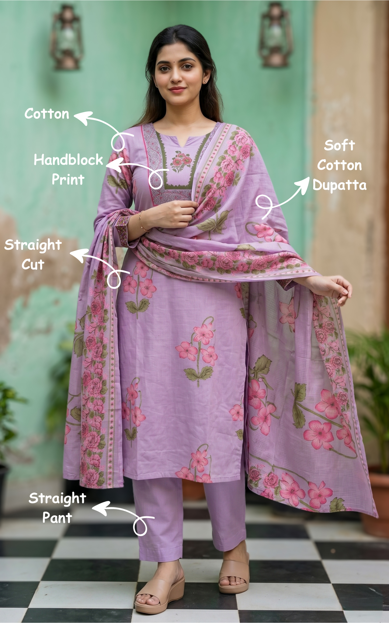 Floral printed kurti set for women in lavender shade