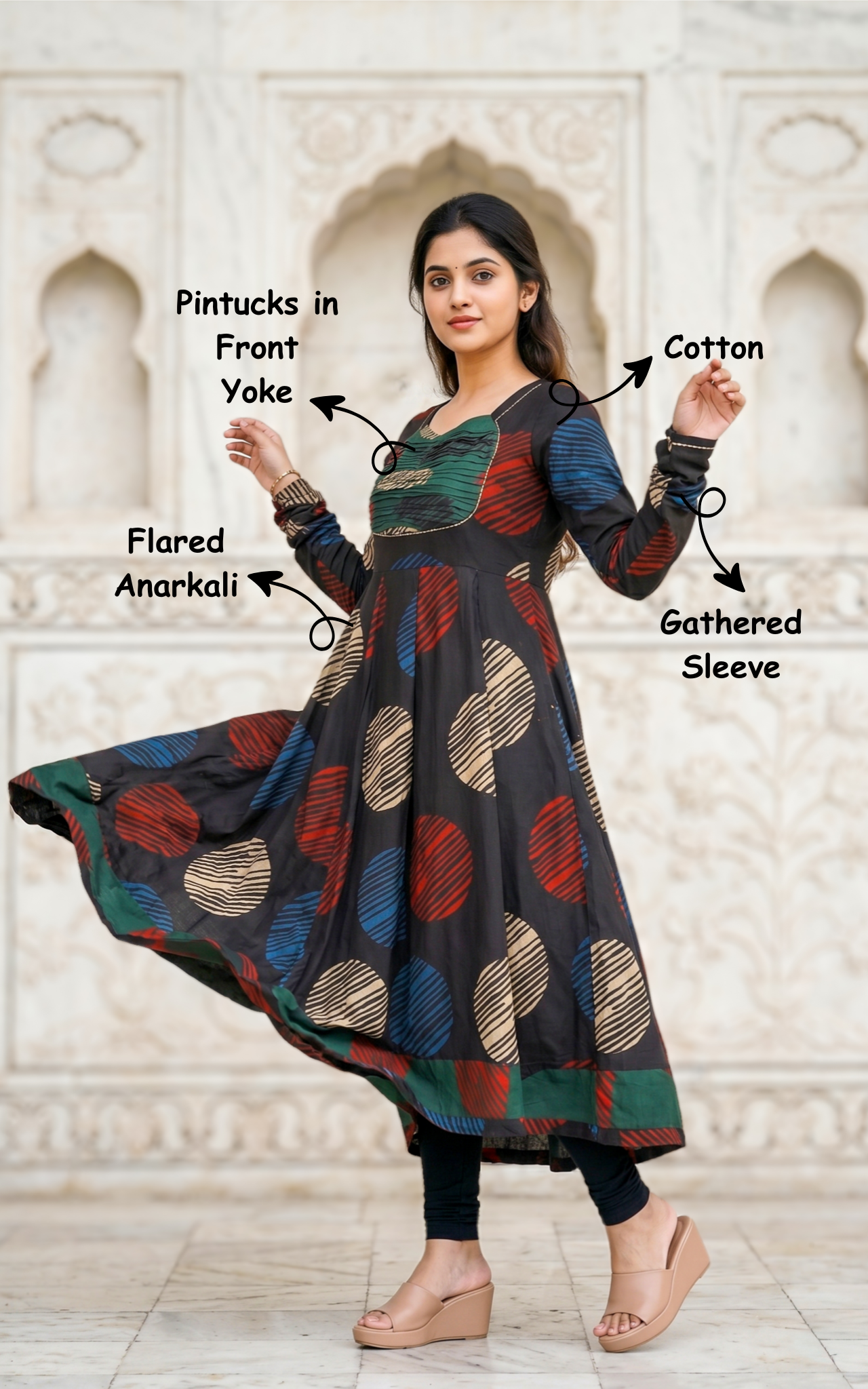 Instore - Black Color Printed Cotton Flared Anarkali Kurti with Line Embroidery & Sweetheart Neck with Gathered Sleeve
