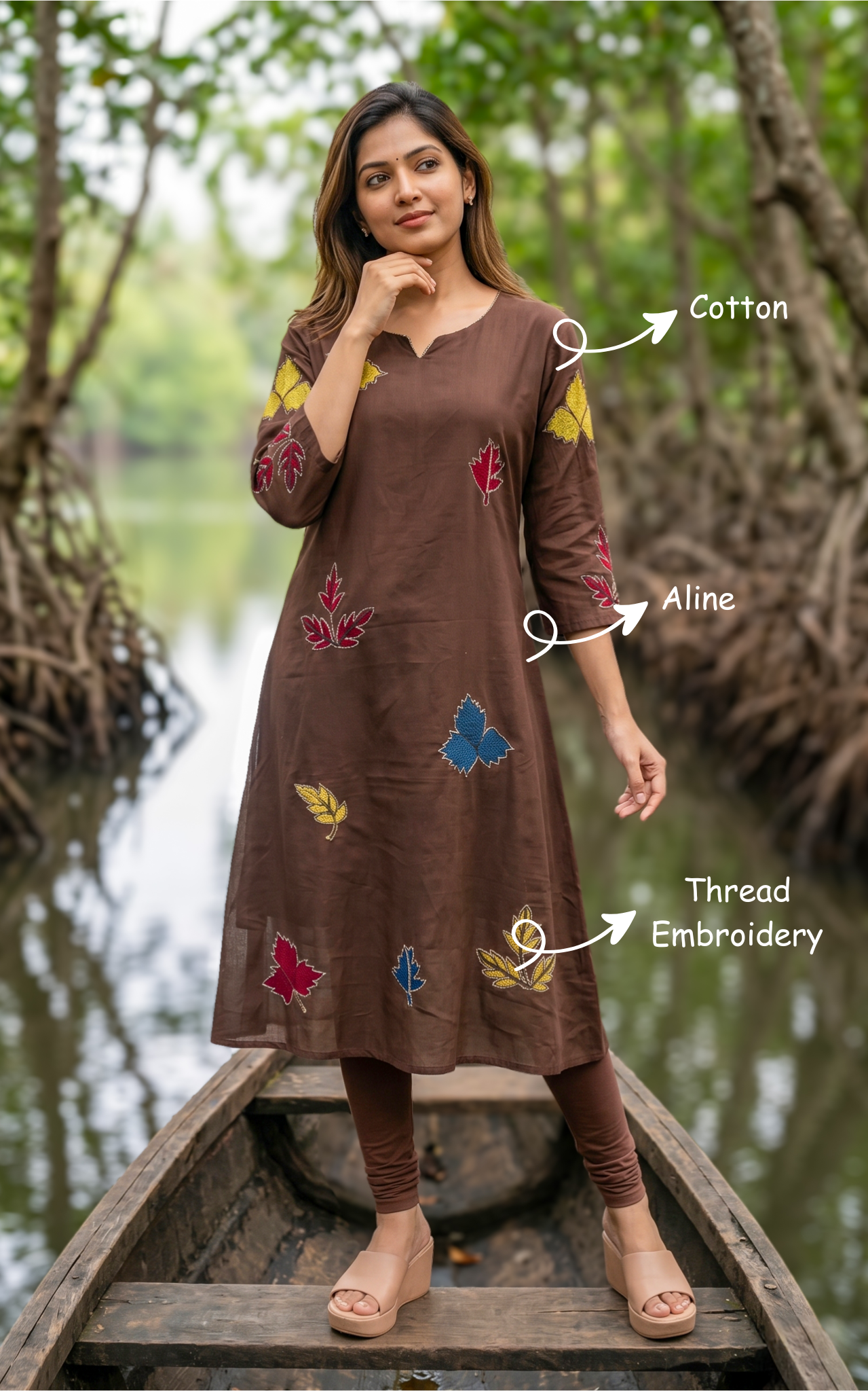Woman in a brown dress with colorful embroidery 