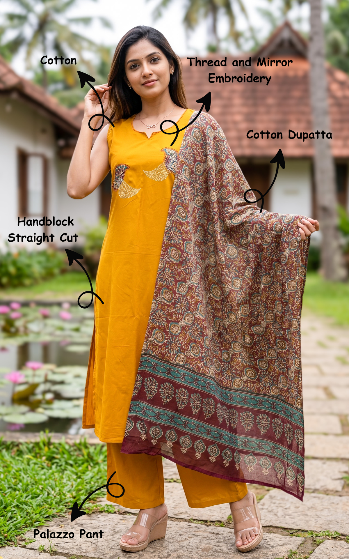 Instore – Mustard Manjal Veyil Handblock Kurti Pant Dupatta Set for Women – Cotton – Handblock Printed – Ethnic Wear