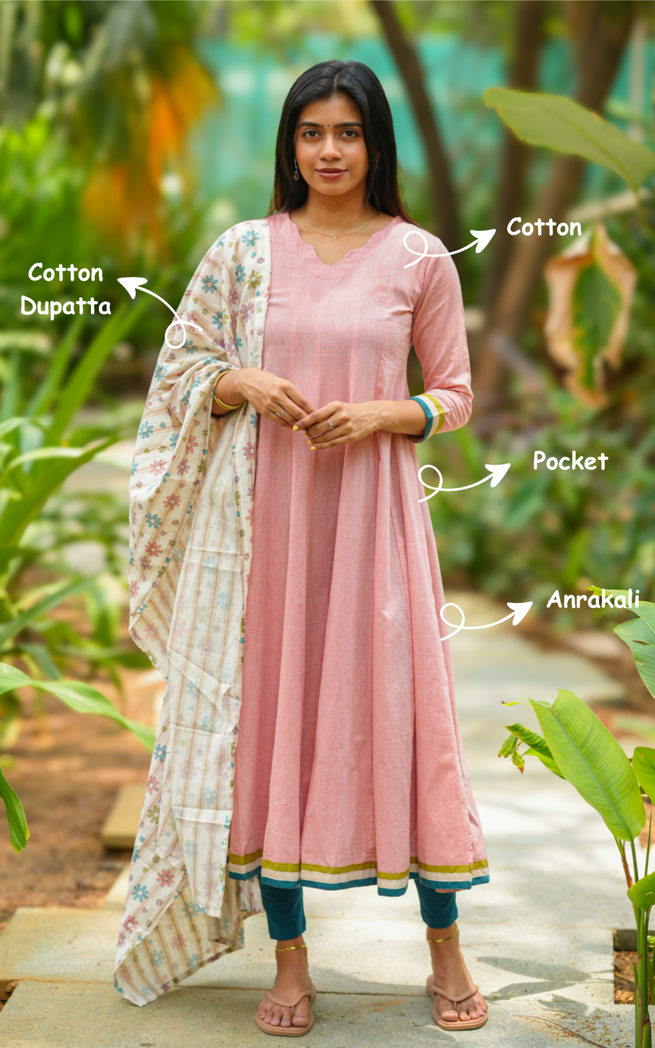 Instore - Dusty Peach Cotton Full Flared Anarkali with One Side Pocket, Paired with Cotton Dupatta, No Lining