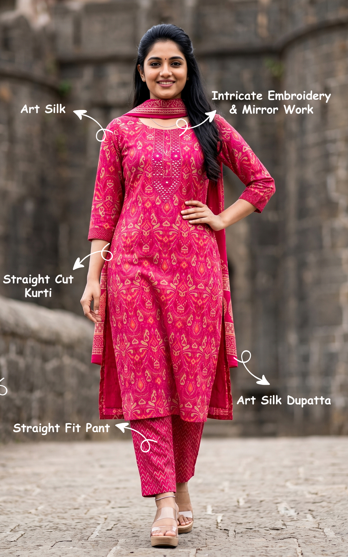 Oviya Pink (Kurti+Pant+Dupatta)
