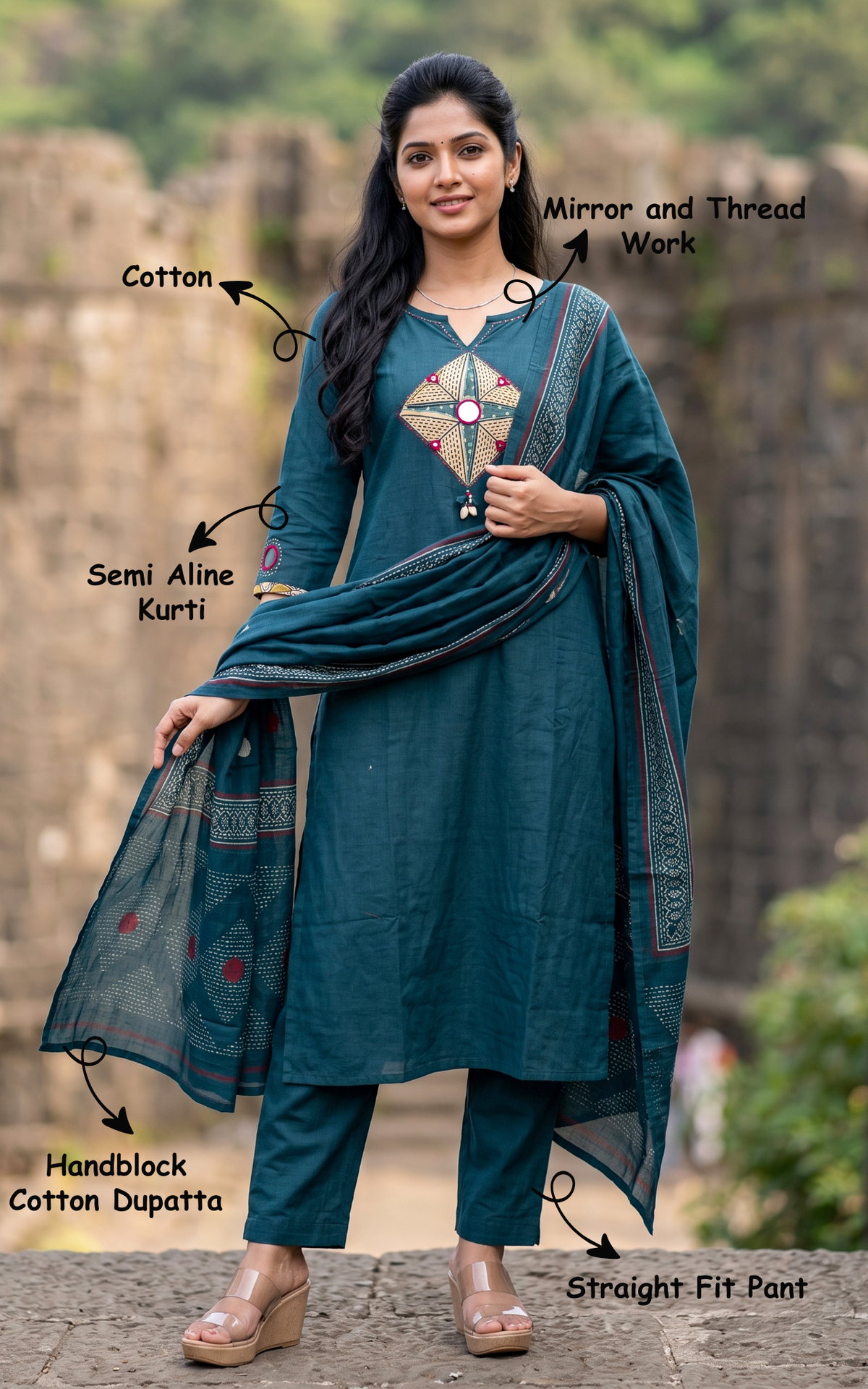 Kani Peacock Blue (Kurti+Pant+Dupatta)