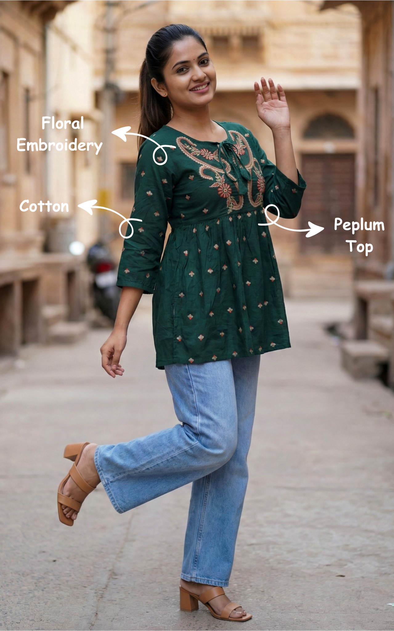 Instore - Dark Green Color Cotton Floral Embroidered Peplum Top with Tie-Up Neckline & Cotton Lining on Yoke