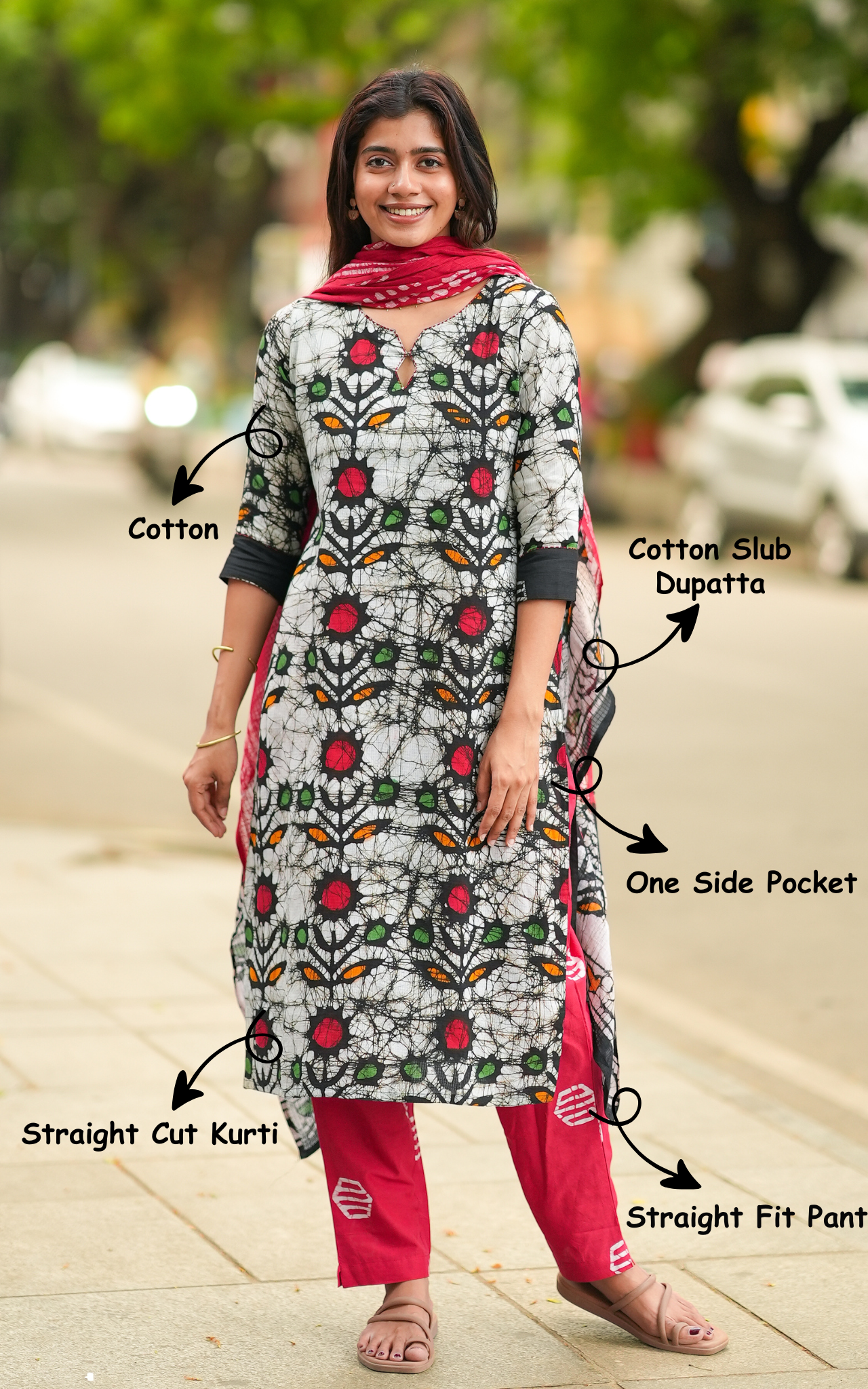 Instore – Black Pranika A Kurti Pant Dupatta Set for Women – Cotton – Printed – Ethnic Wear