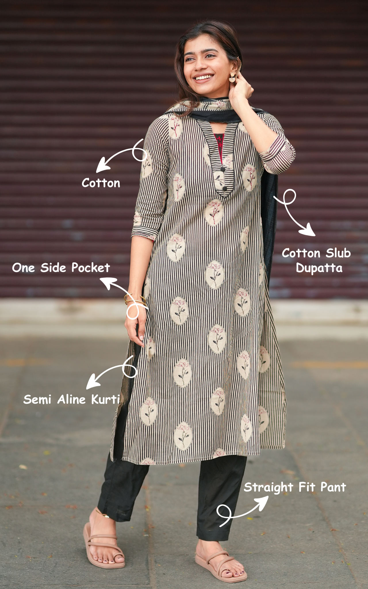 Instore – Black Velichapoove B Kurti Pant Dupatta Set for Women – Cotton – Flared Hem – Ethnic Wear