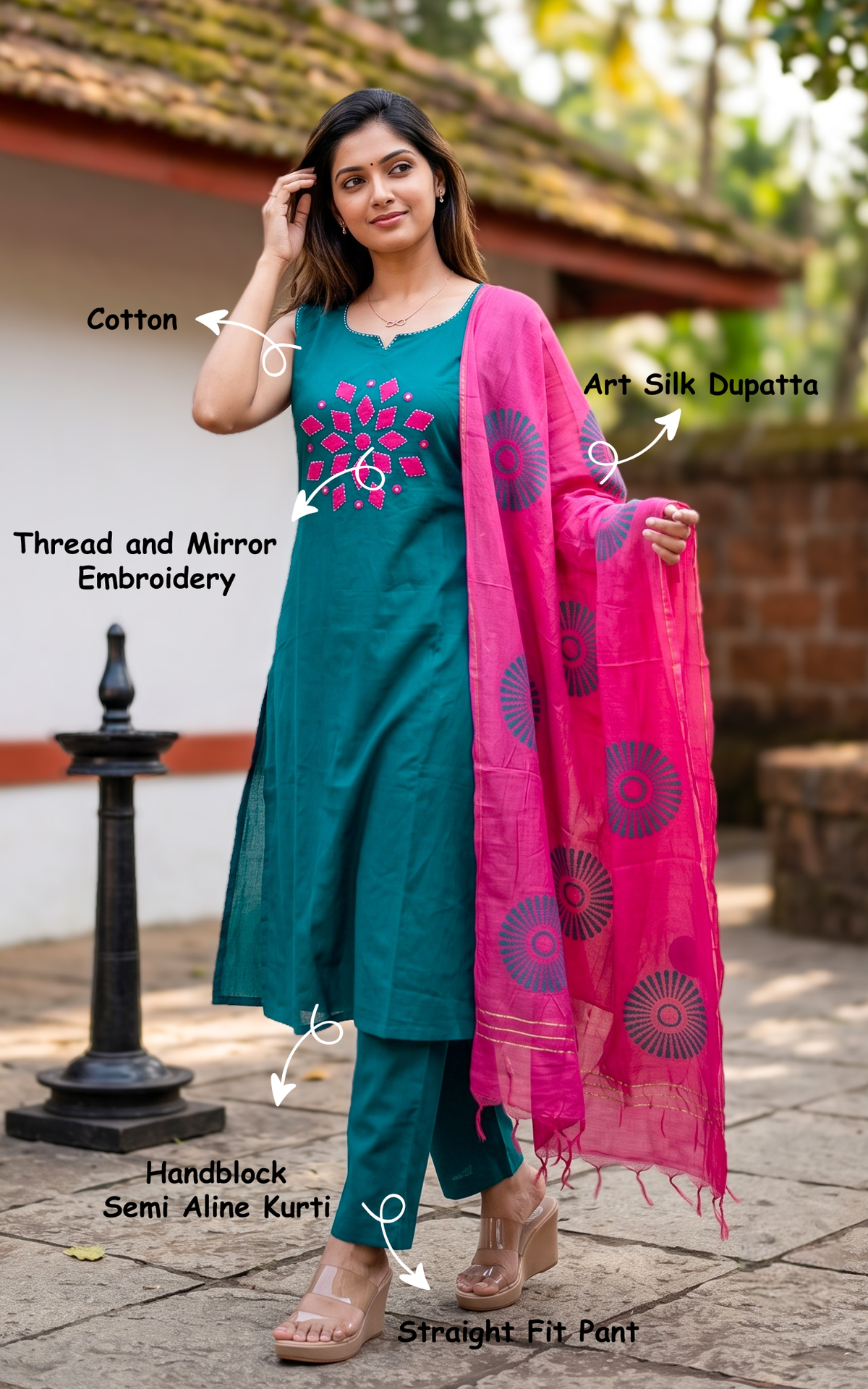 Instore – Dhanvika Handblock Kurti Pant Dupatta Set for Women – Cotton – Handblock Printed – Ethnic Wear