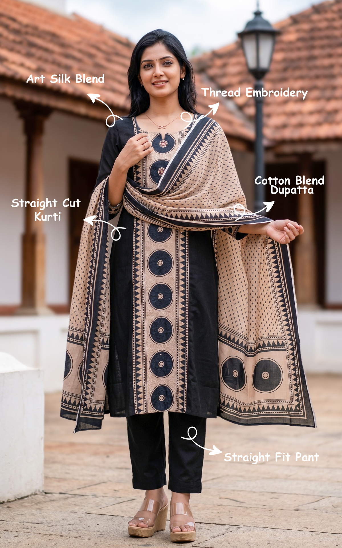 Instore – Black Yadvi Kurti Pant Dupatta Set for Women – Art Silk Blend – Thread Embroidery – Ethnic Wear
