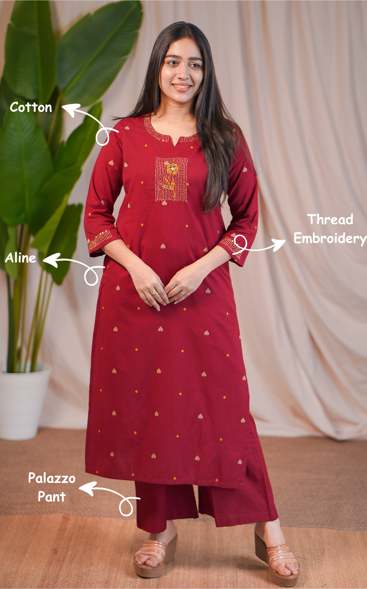 Maroon Cotton Kurti Palazzo Set with Floral Work & Adjustable Waistband