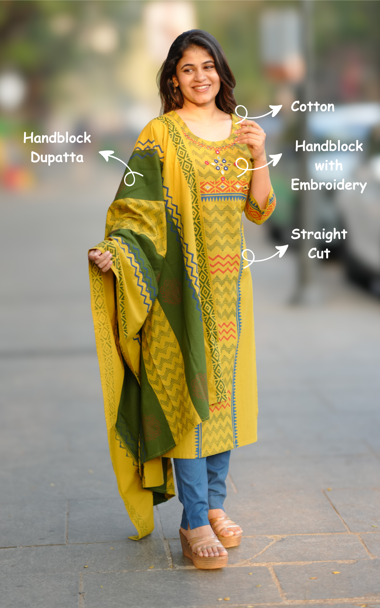 Haleema Lime Green Handblock (Kurti+Dupatta)