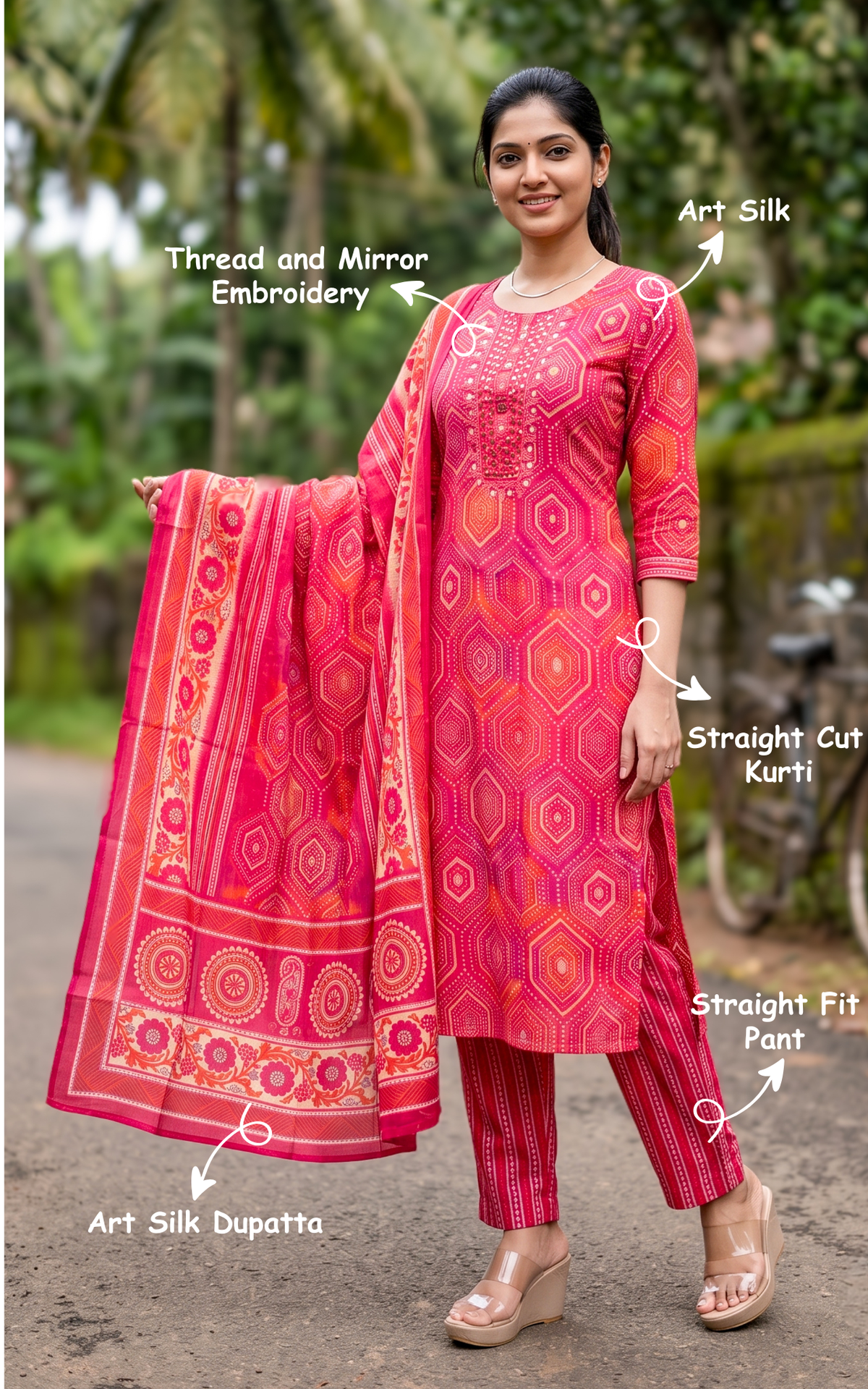 Nigeetha Pink (Kurti+Pant+Dupatta)
