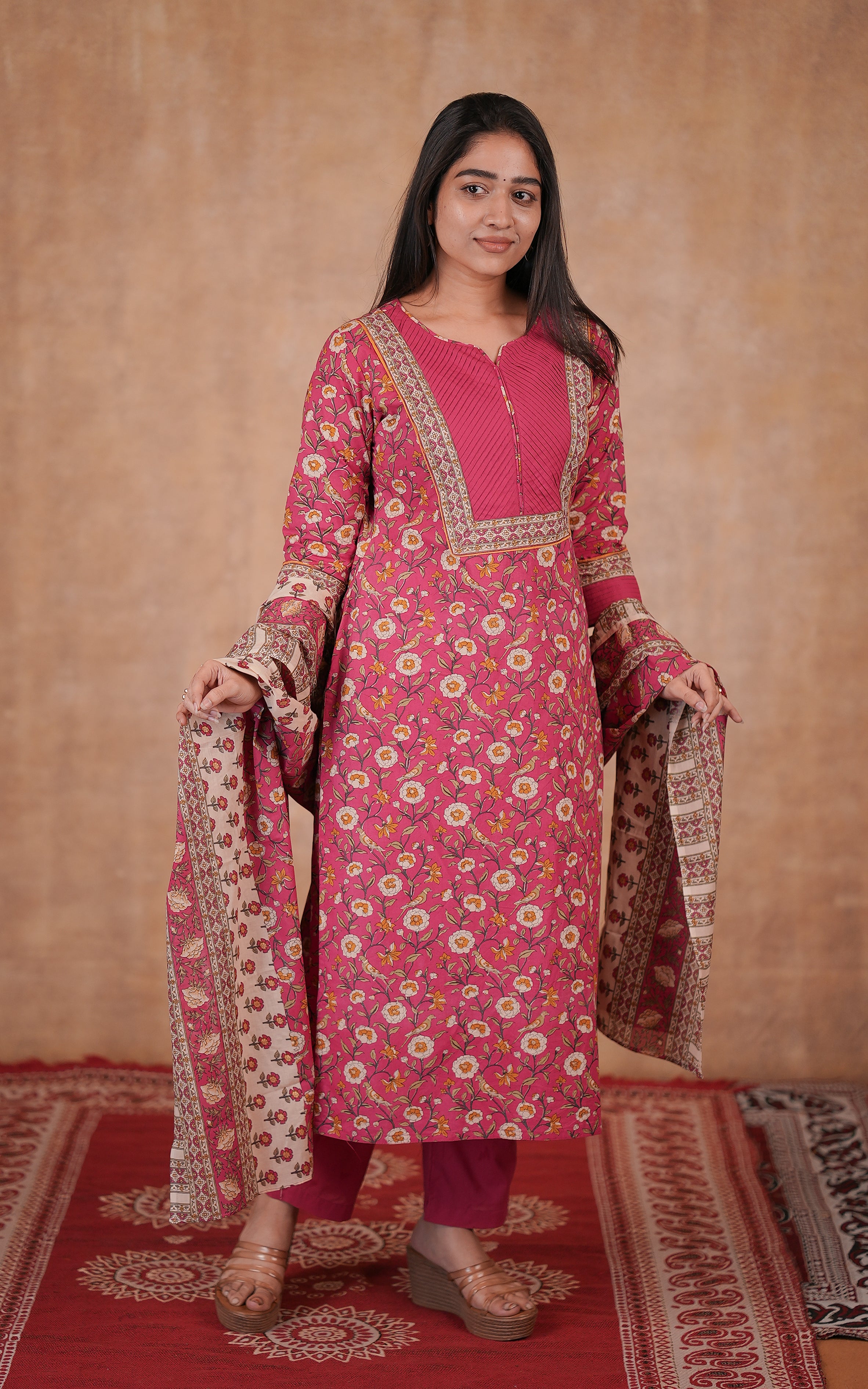 Deep Pink Cotton Kurti With Pocket Pant For Women