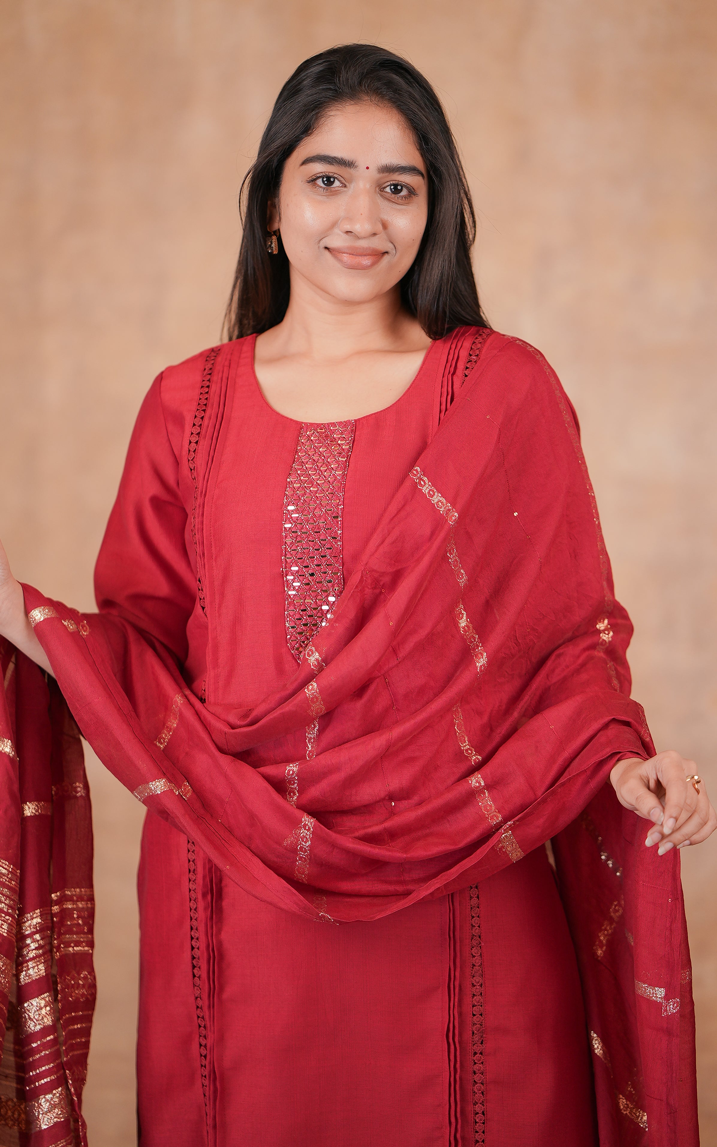 Red Semi Silk Ethnic Kurti Set For Women