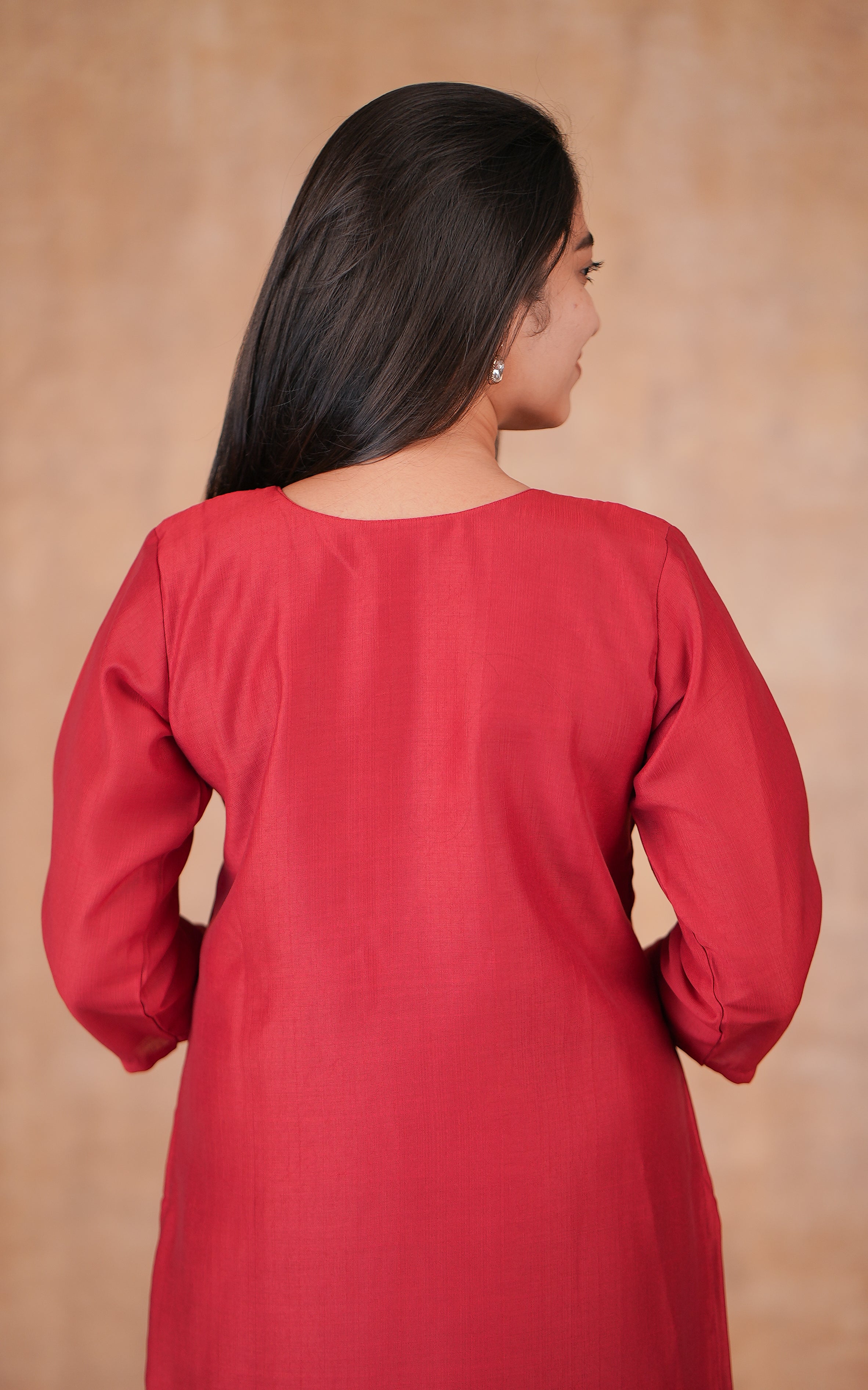 Red Semi Silk Kurti With Dupatta Set For Women