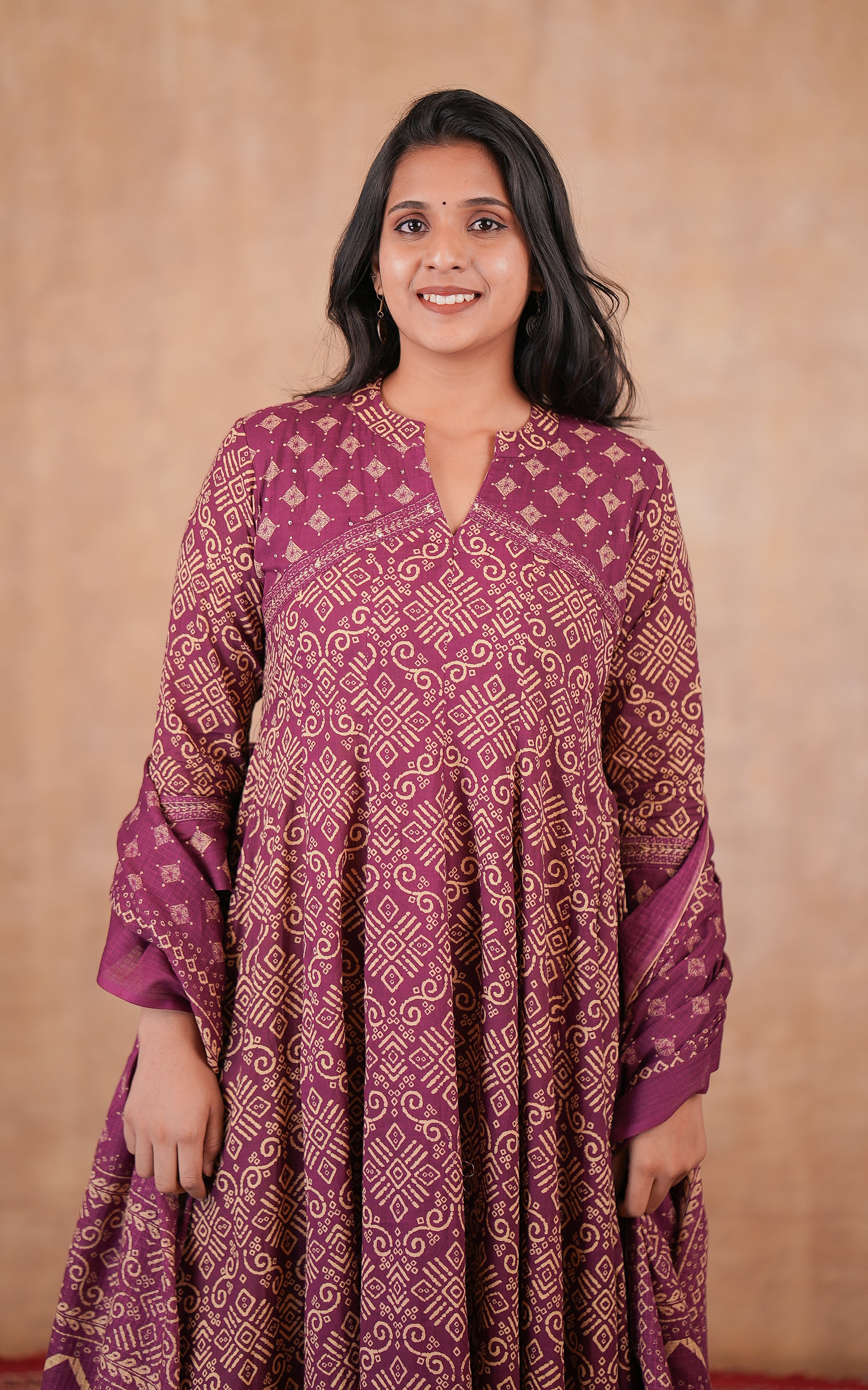 Wine Cotton Full Flared Anarkali For Women