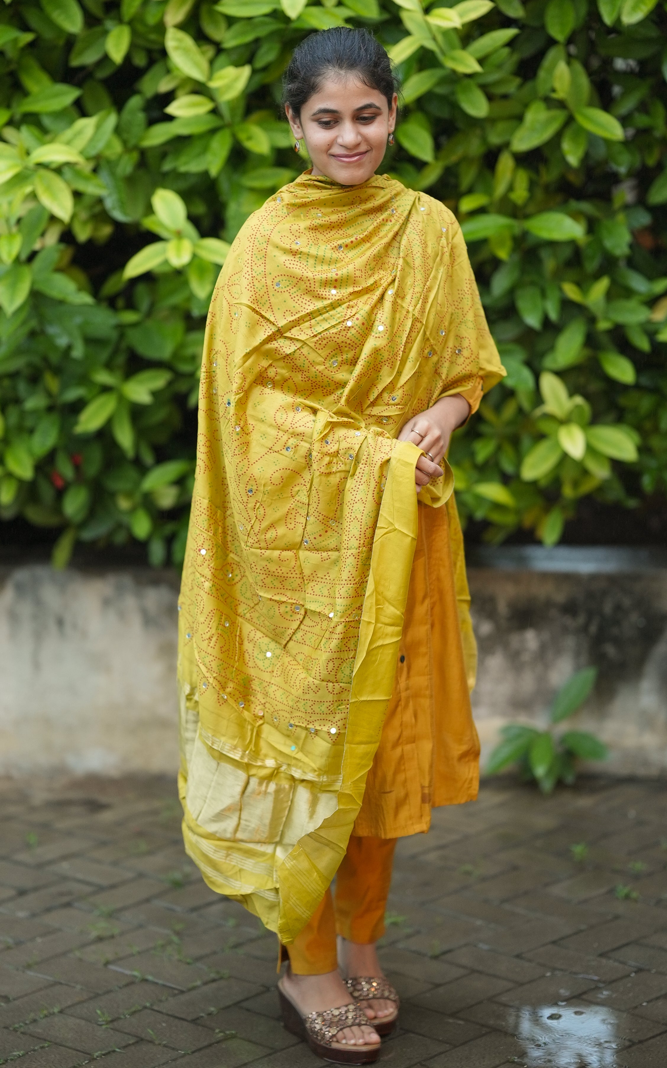 Bandhani Printed Art Silk Dupatta Mustard MIX N MATCH instore