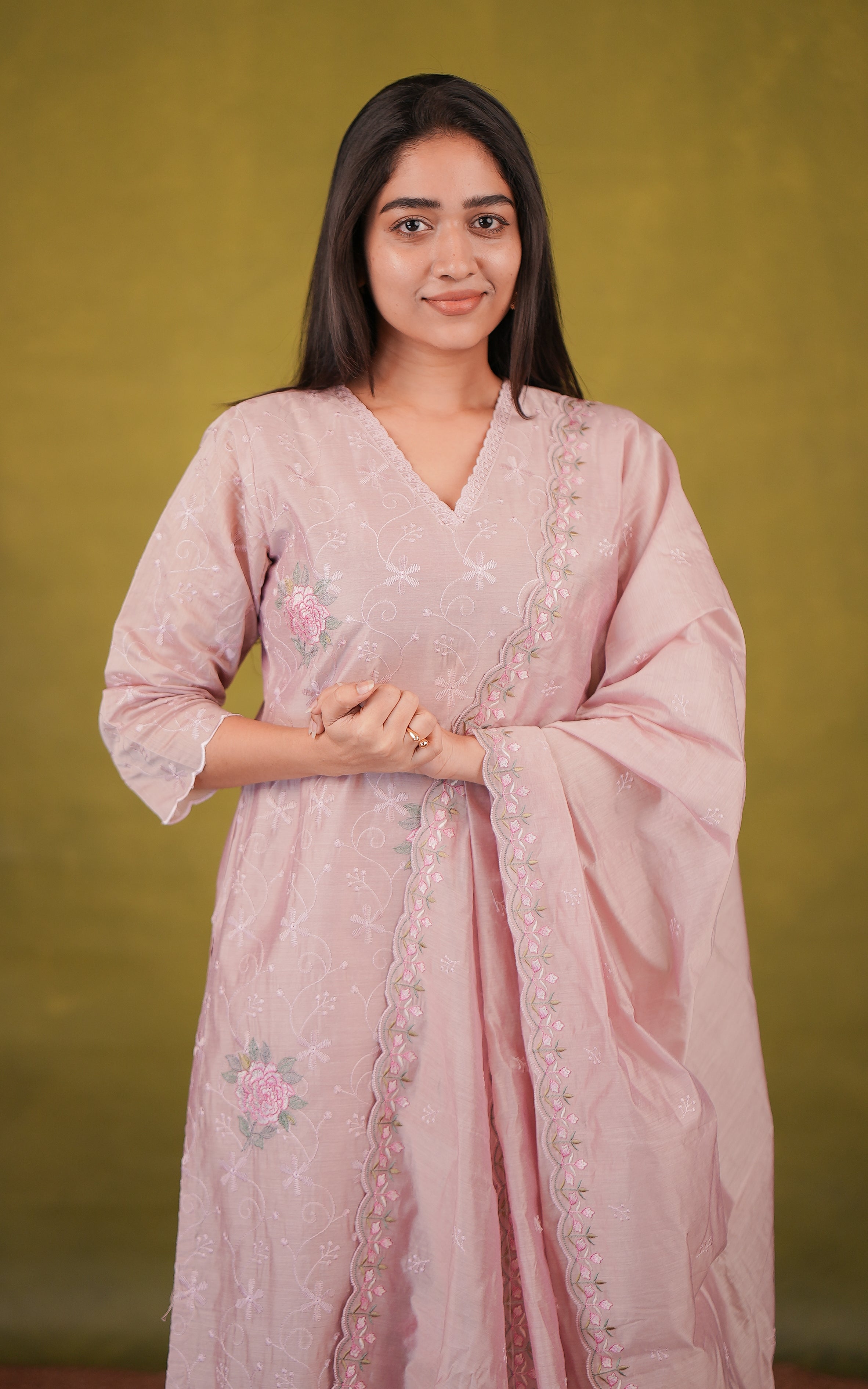 Art silk thread embroidery kurti with dupatta for women