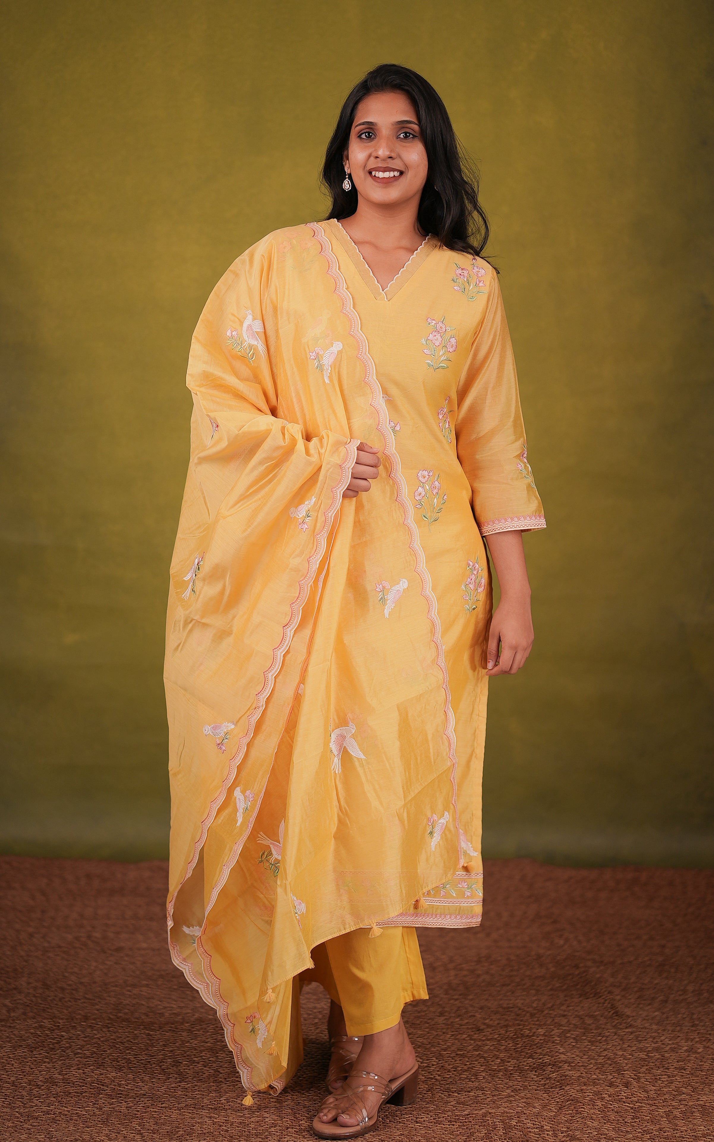 Instore- Yellow Art Silk Floral embroidery Straight Cut Kurti with Side Slit otton Pant With A Full Elastic Waistband, Adjustable Rope Tie, And One Side Pocket and dupatta