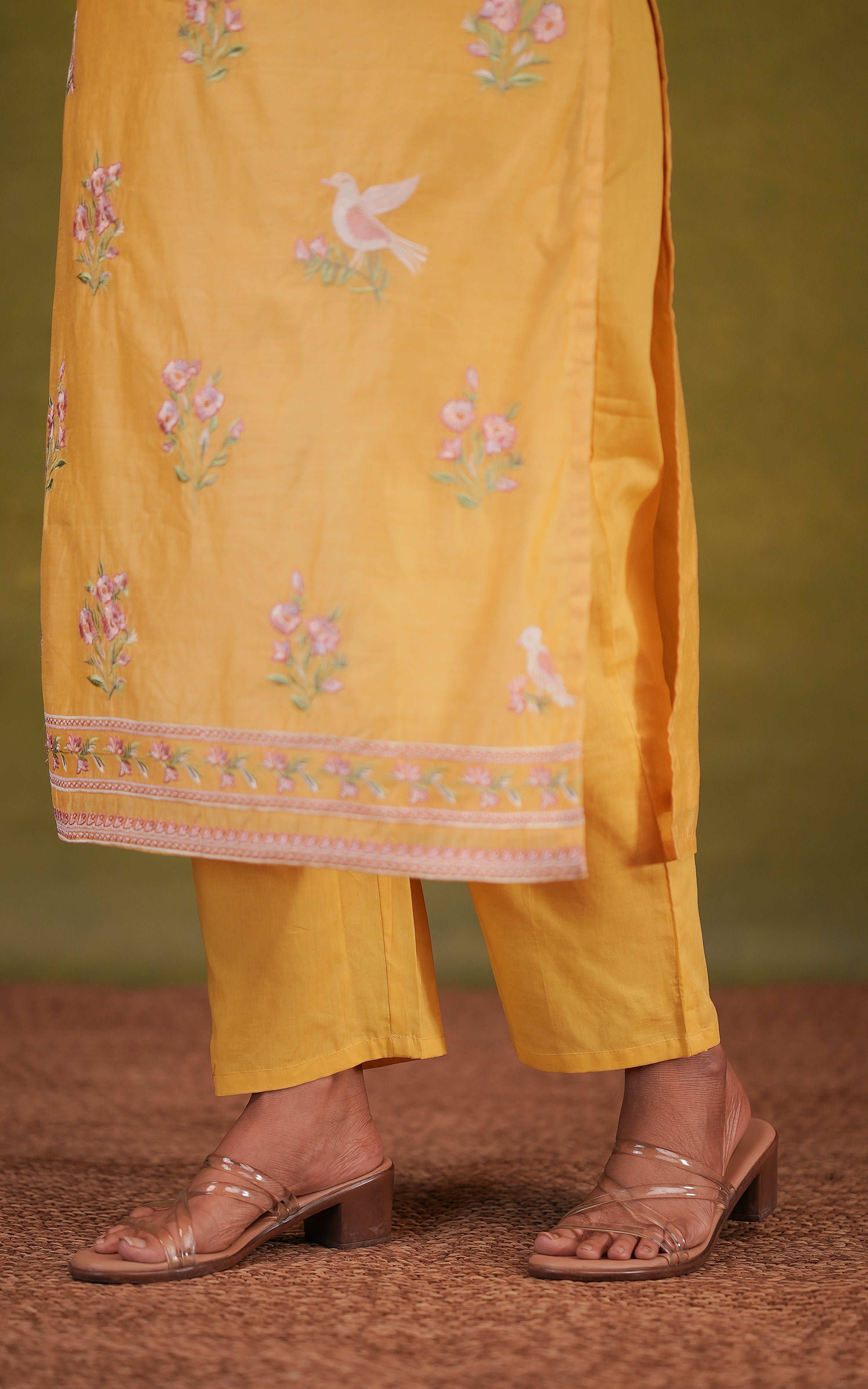 Instore- Yellow Art Silk Floral embroidery Straight Cut Kurti with Side Slit otton Pant With A Full Elastic Waistband, Adjustable Rope Tie, And One Side Pocket and dupatta