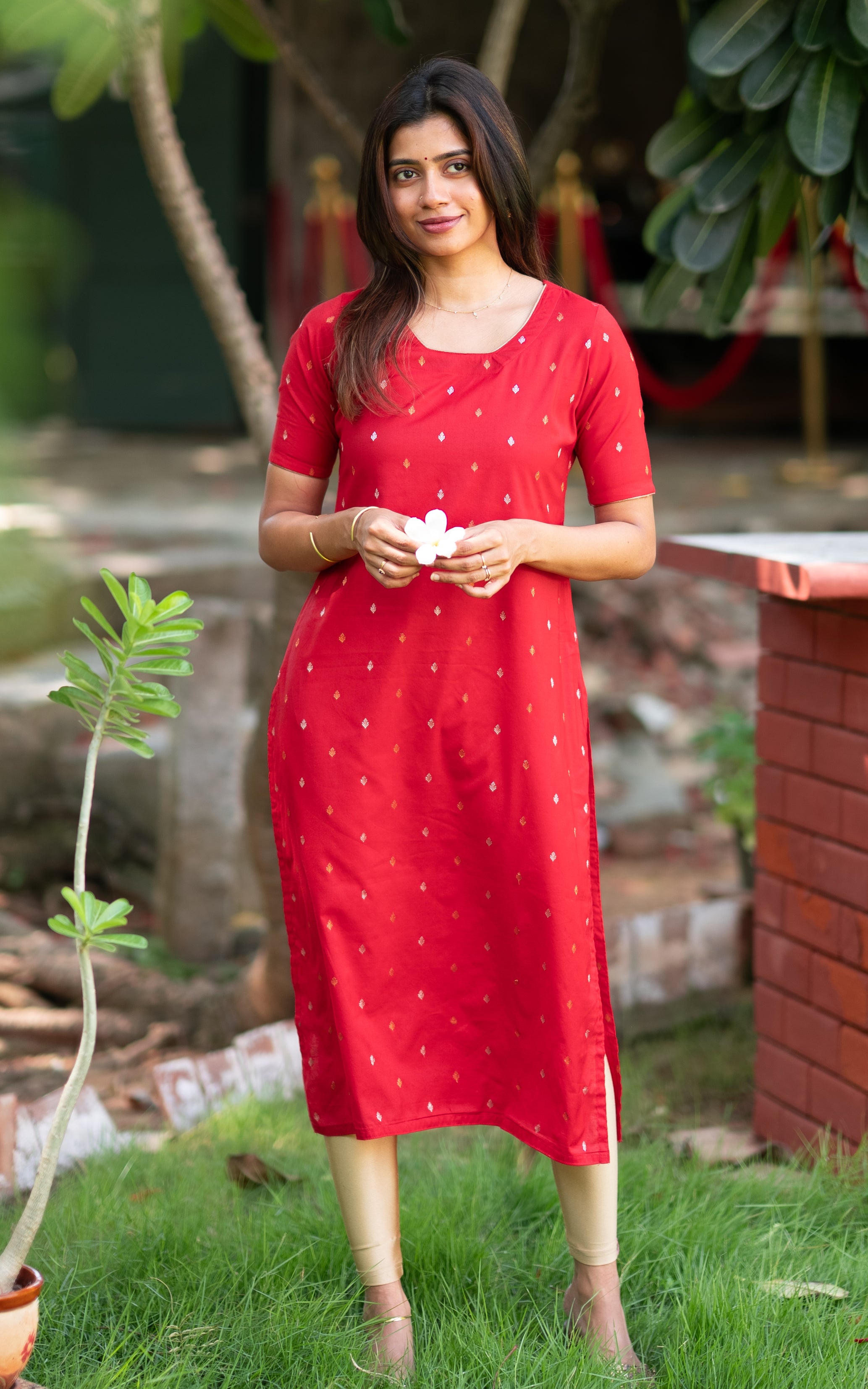 Red Silk Cotton Straight Cut Kurti for Women