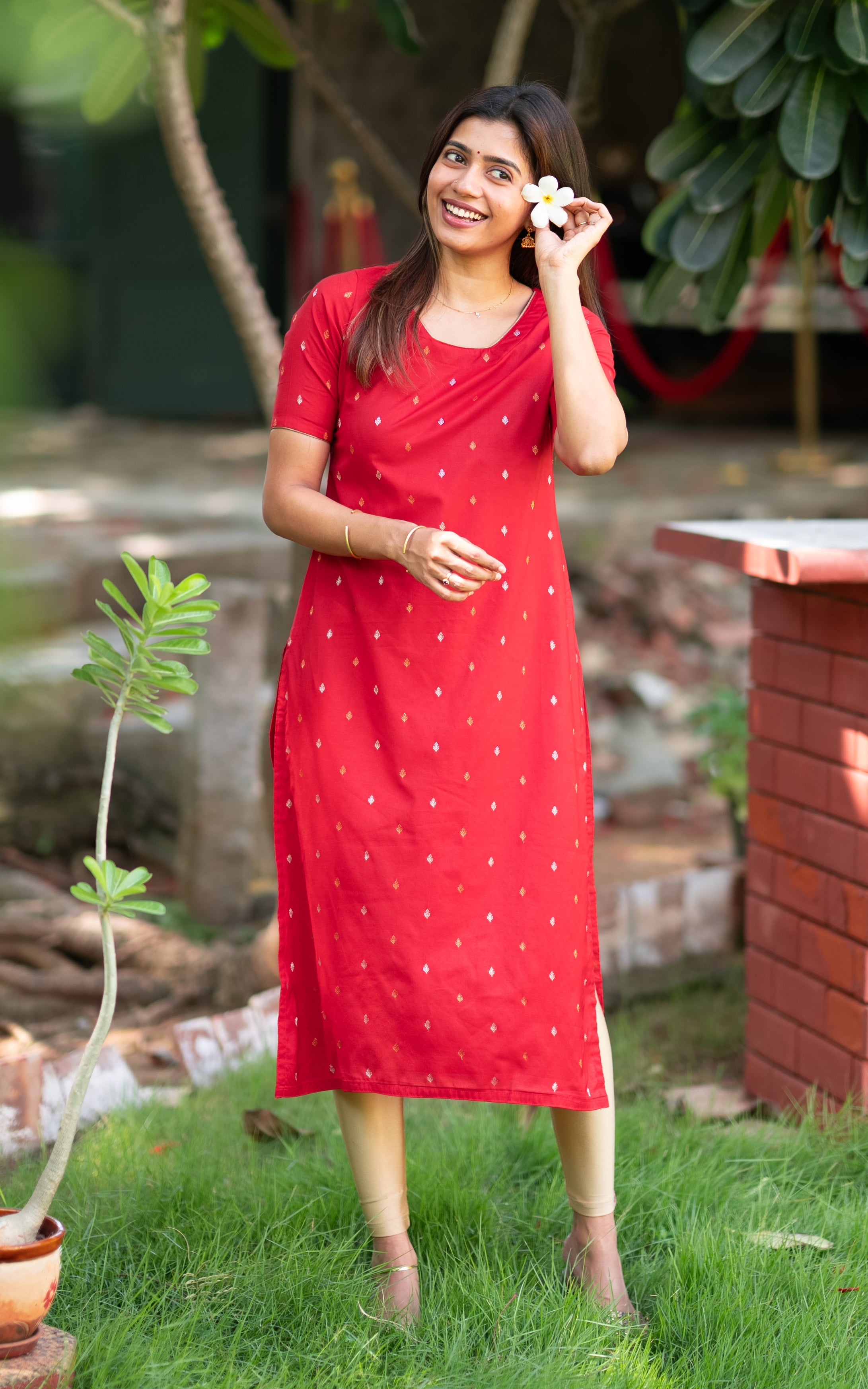 Red Silk Cotton Daily Wear Straight Cut Kurti for Women