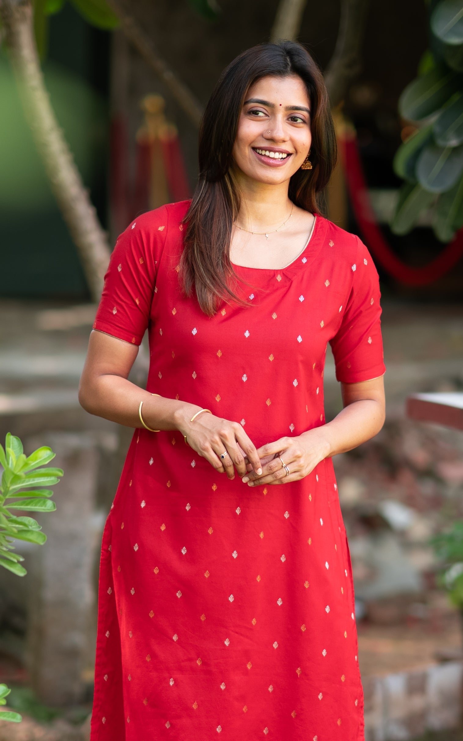 Red Silk Cotton Casual Wear Straight Cut Kurti for Women