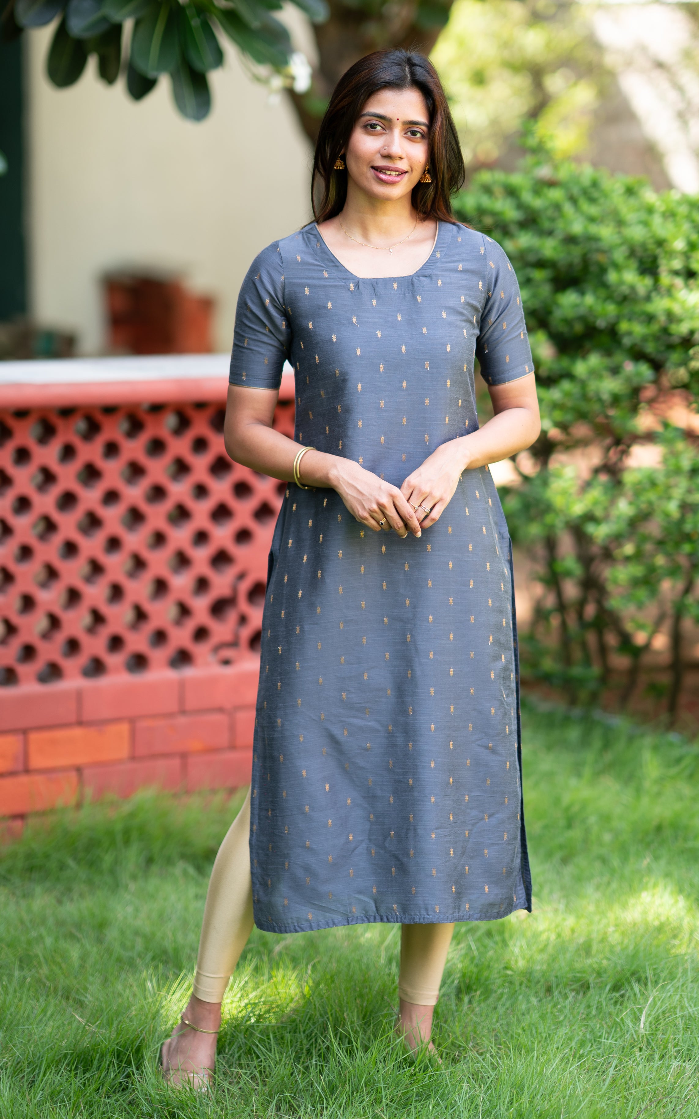 Dark Grey Silk Cotton Casual Wear Straight Cut Kurti for Women