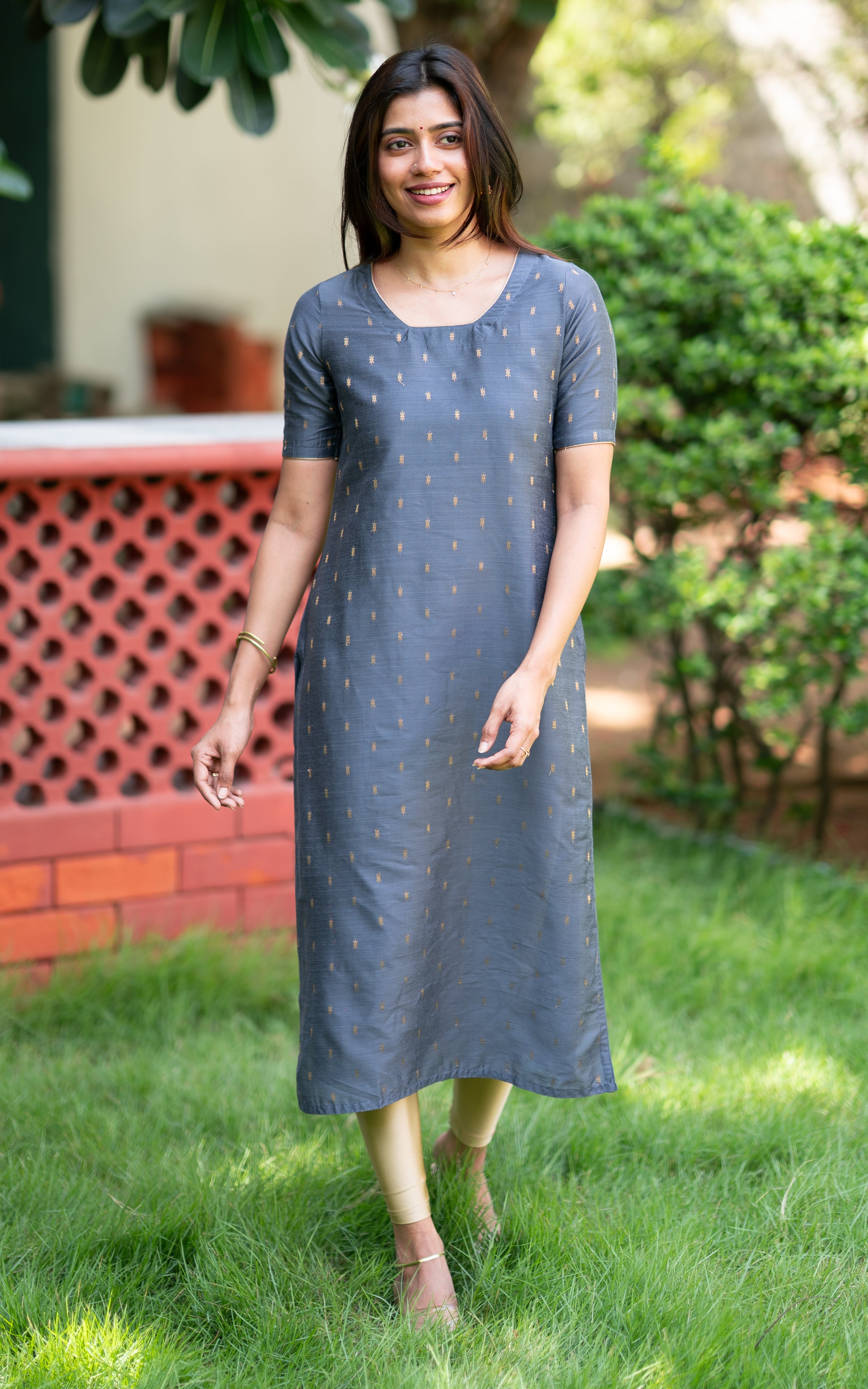 Dark Grey Silk Cotton Daily Wear Straight Cut Kurti for Women