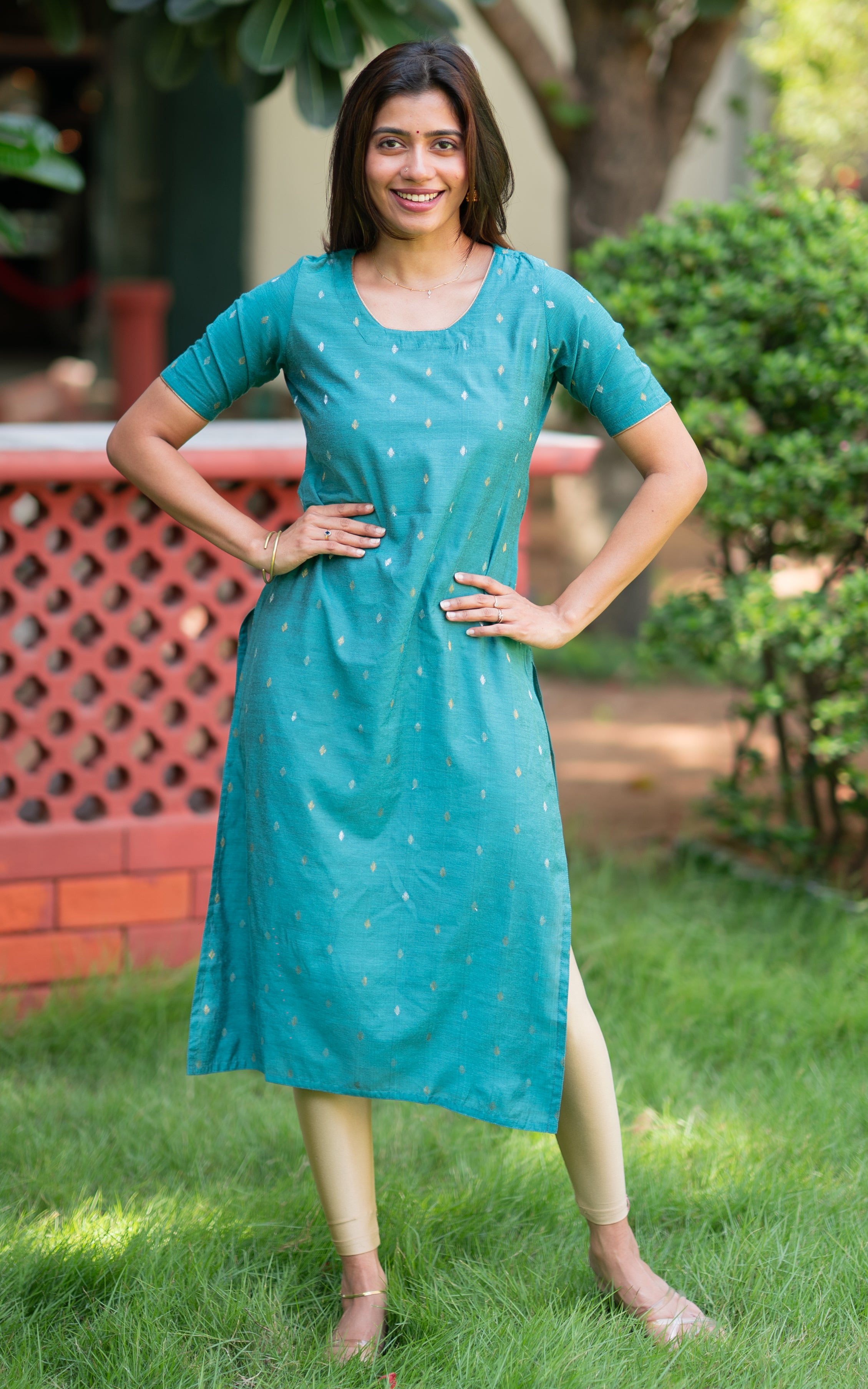 Teal Blue Soft Silk Cotton Office Wear Straight Cut Kurti for Women