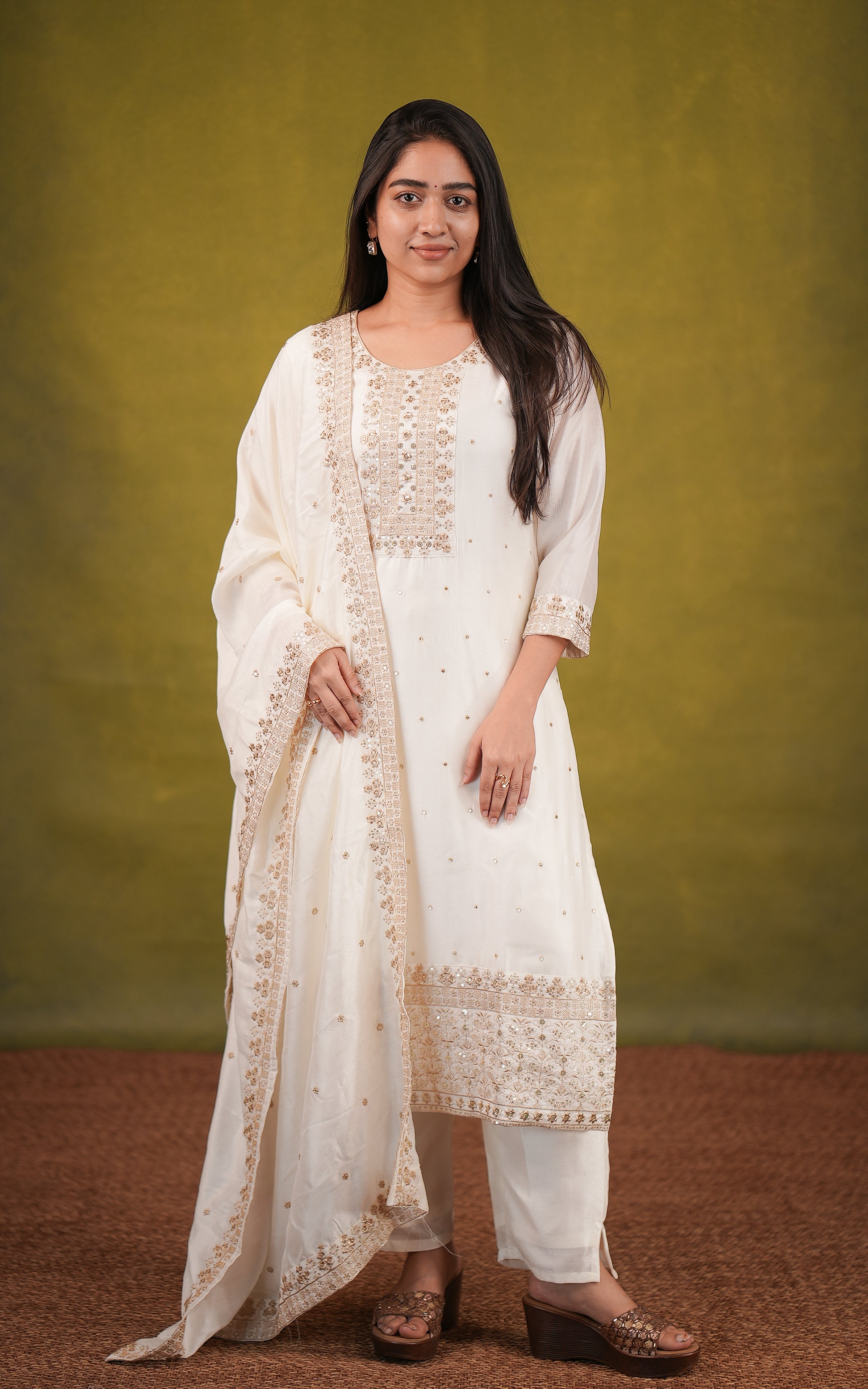 Instore-Cream Art Silk Straight Cut Kurti with Side Slit Featuring Gold Zari Embroidery with Sequin Work Straight Fit Pant with Full Elastic Waistband  Gold Zari Embroidery Dupatta with Sequin Work