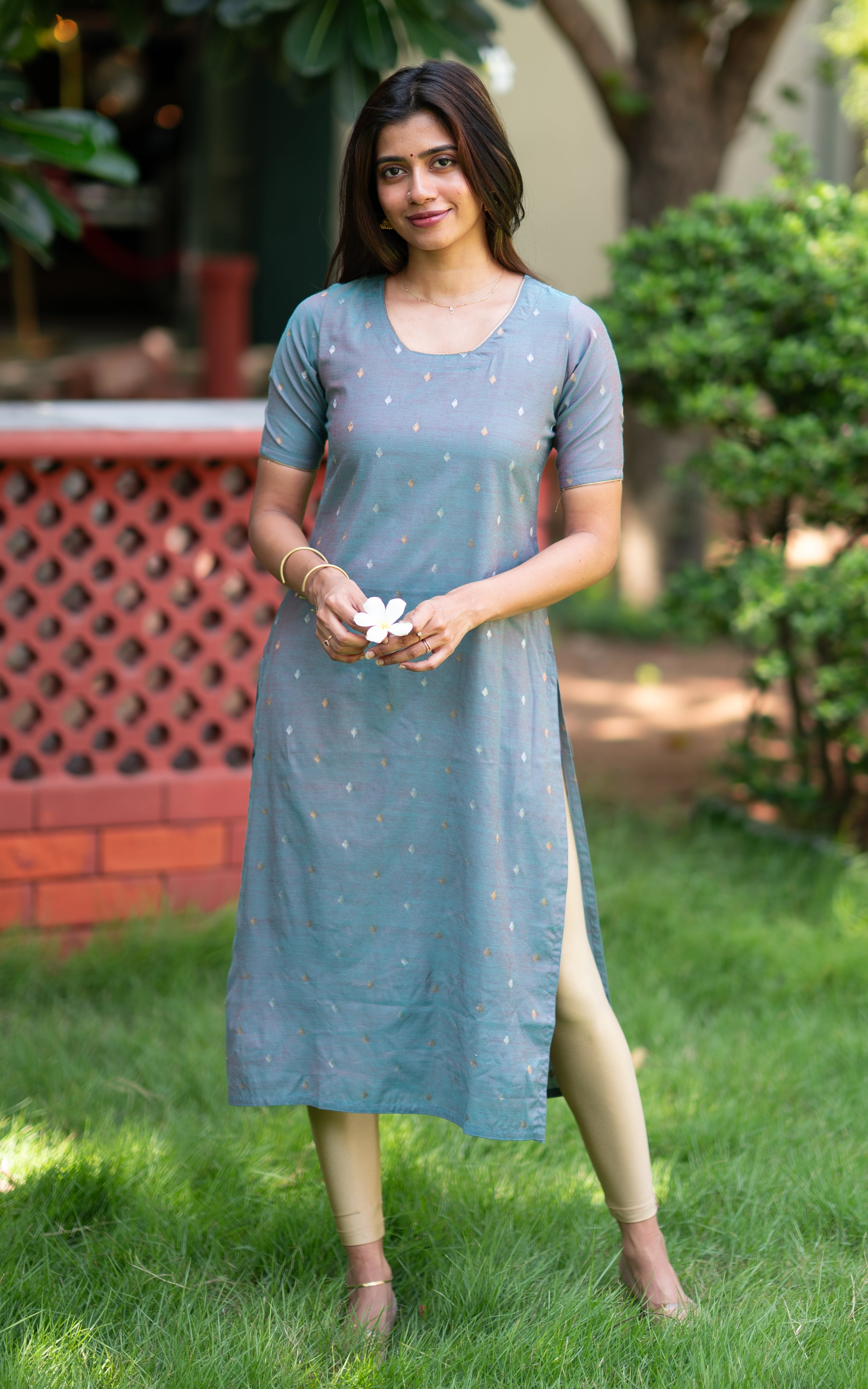 Bluish Grey Soft Silk Cotton Casual Wear Straight Cut Kurti for Women