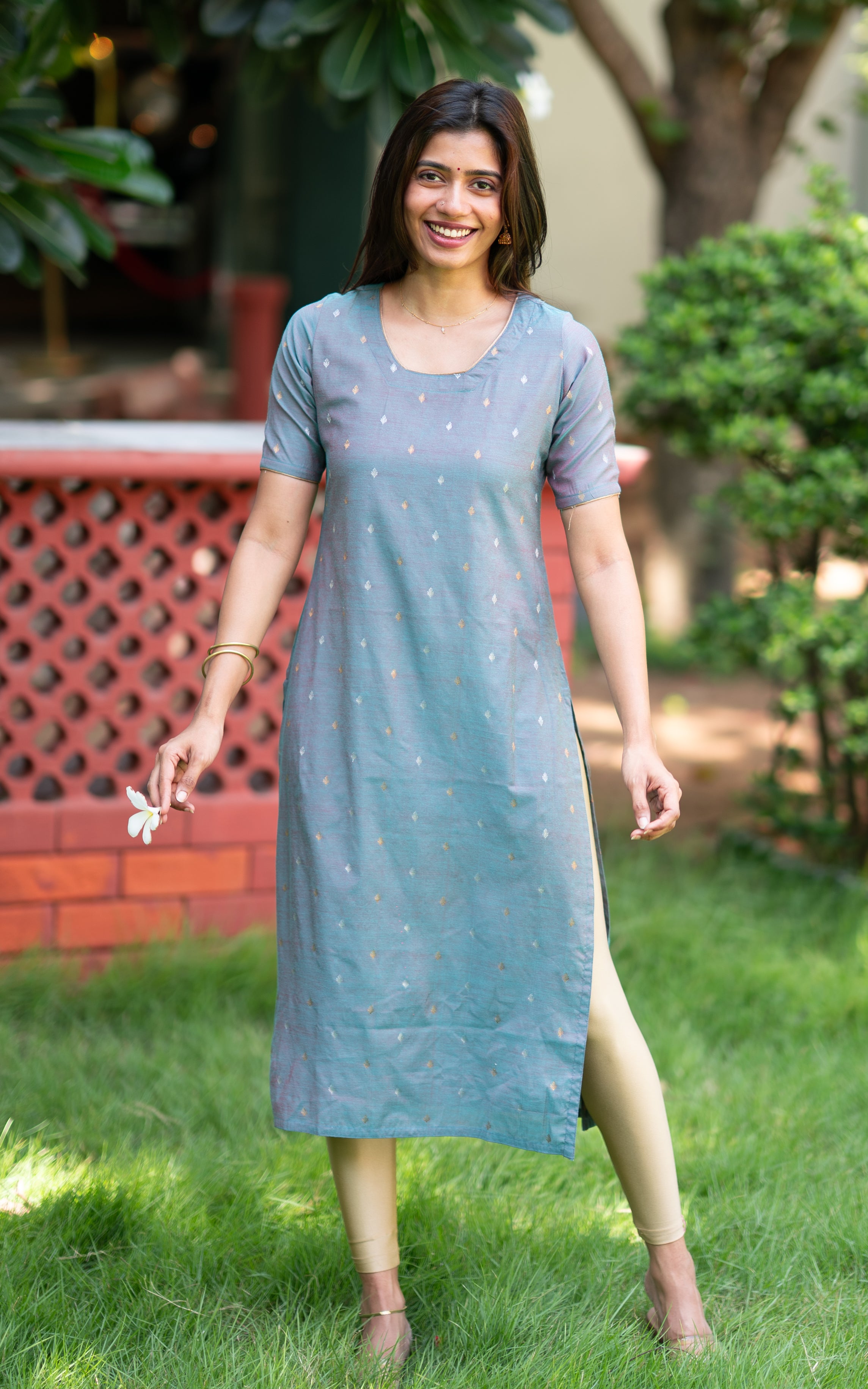 Bluish Grey Soft Silk Cotton Office Wear Straight Cut Kurti for Women