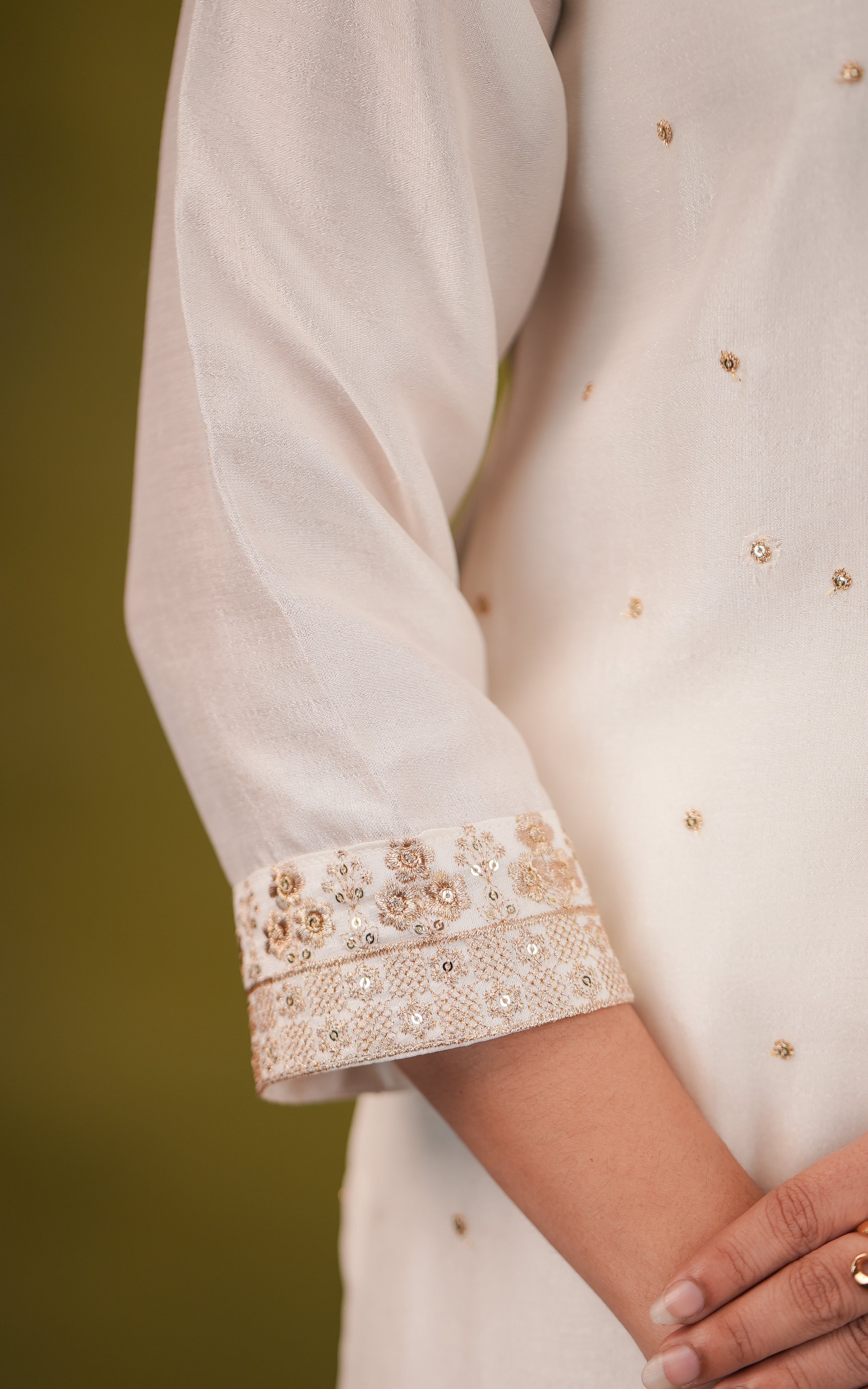 Instore-Cream Art Silk Straight Cut Kurti with Side Slit Featuring Gold Zari Embroidery with Sequin Work Straight Fit Pant with Full Elastic Waistband  Gold Zari Embroidery Dupatta with Sequin Work