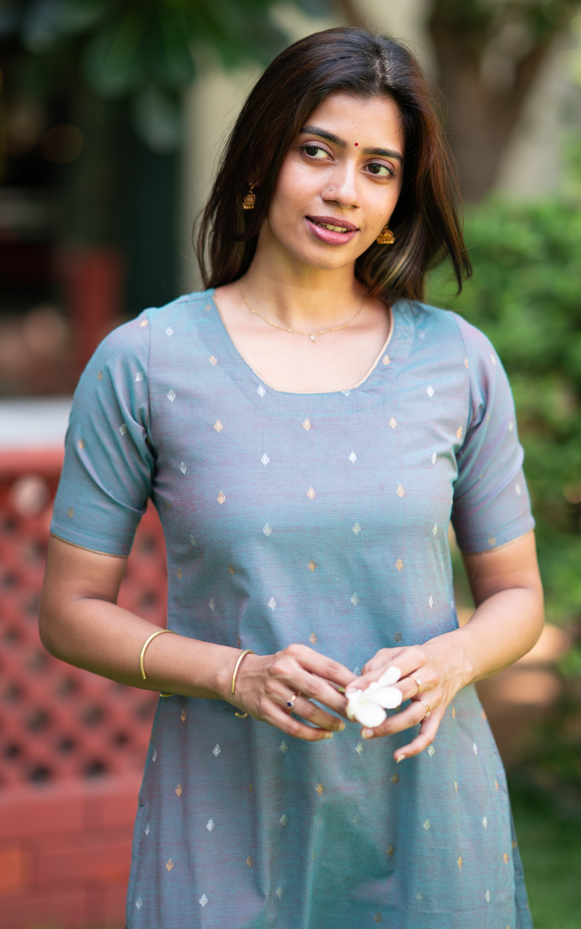 Bluish Grey Soft Silk Cotton Straight Cut Kurti for Women