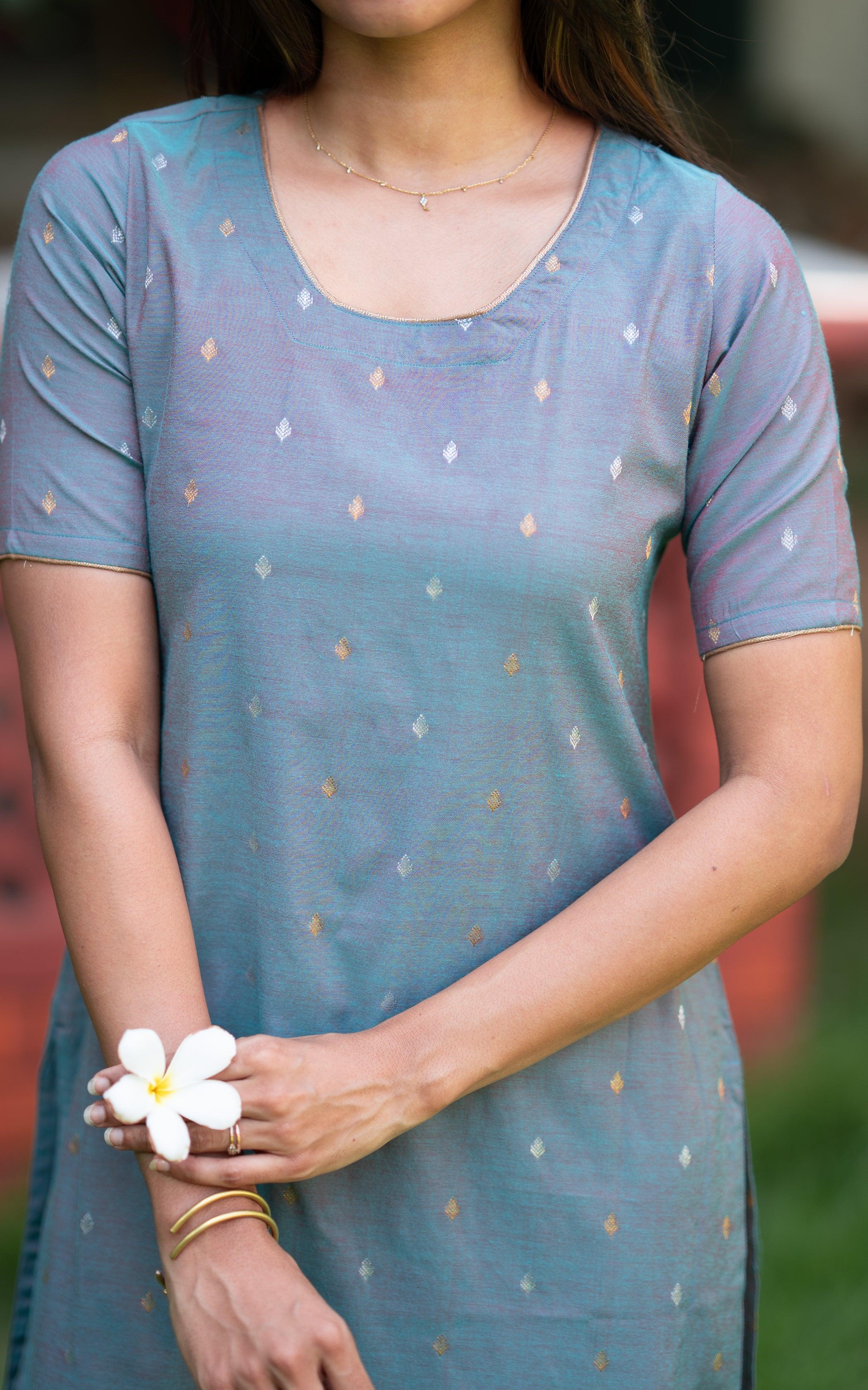 Bluish Grey Soft Silk Cotton Ethnic Wear Straight Cut Kurti for Women