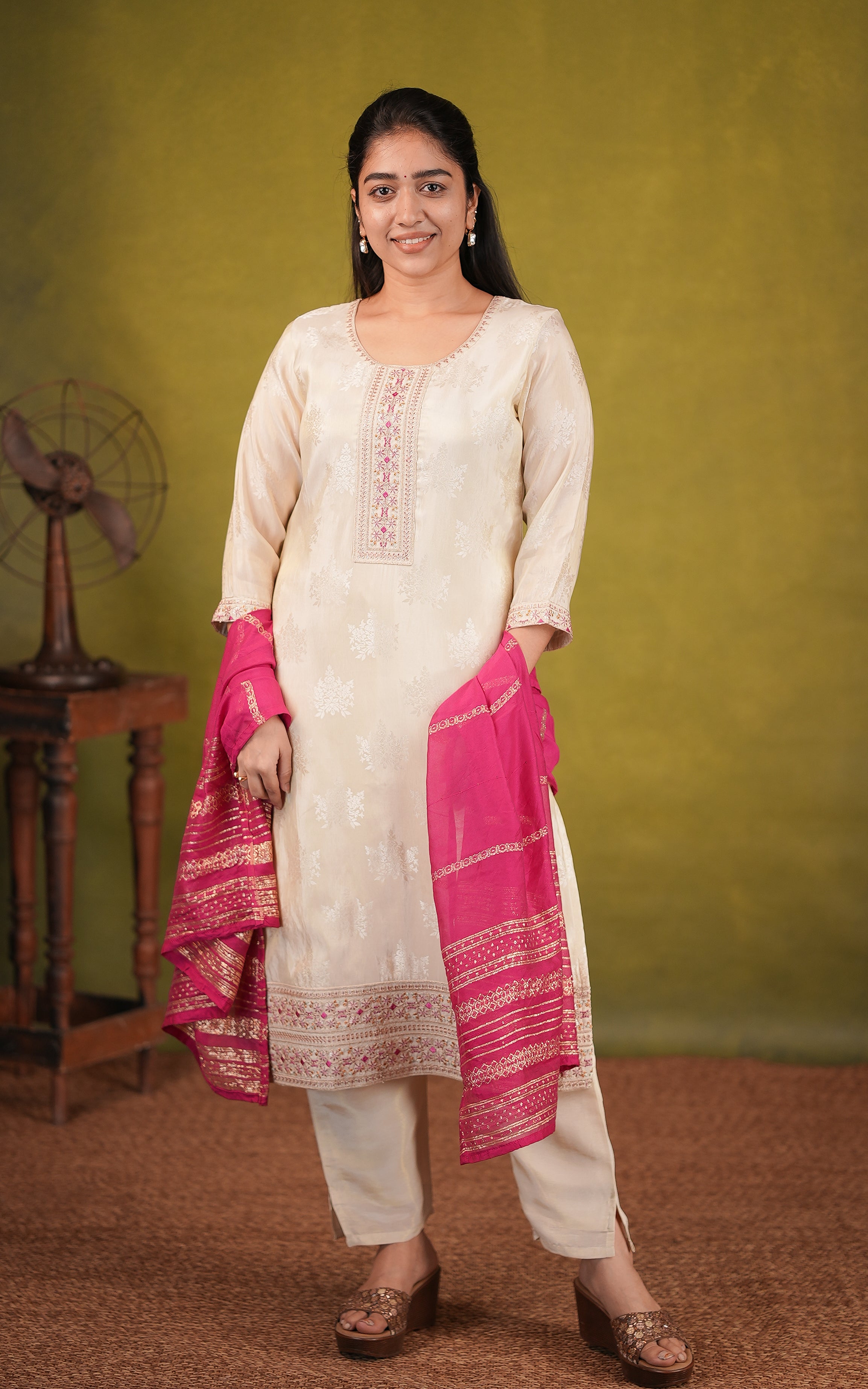 Party wear off white zari work kurti set for women