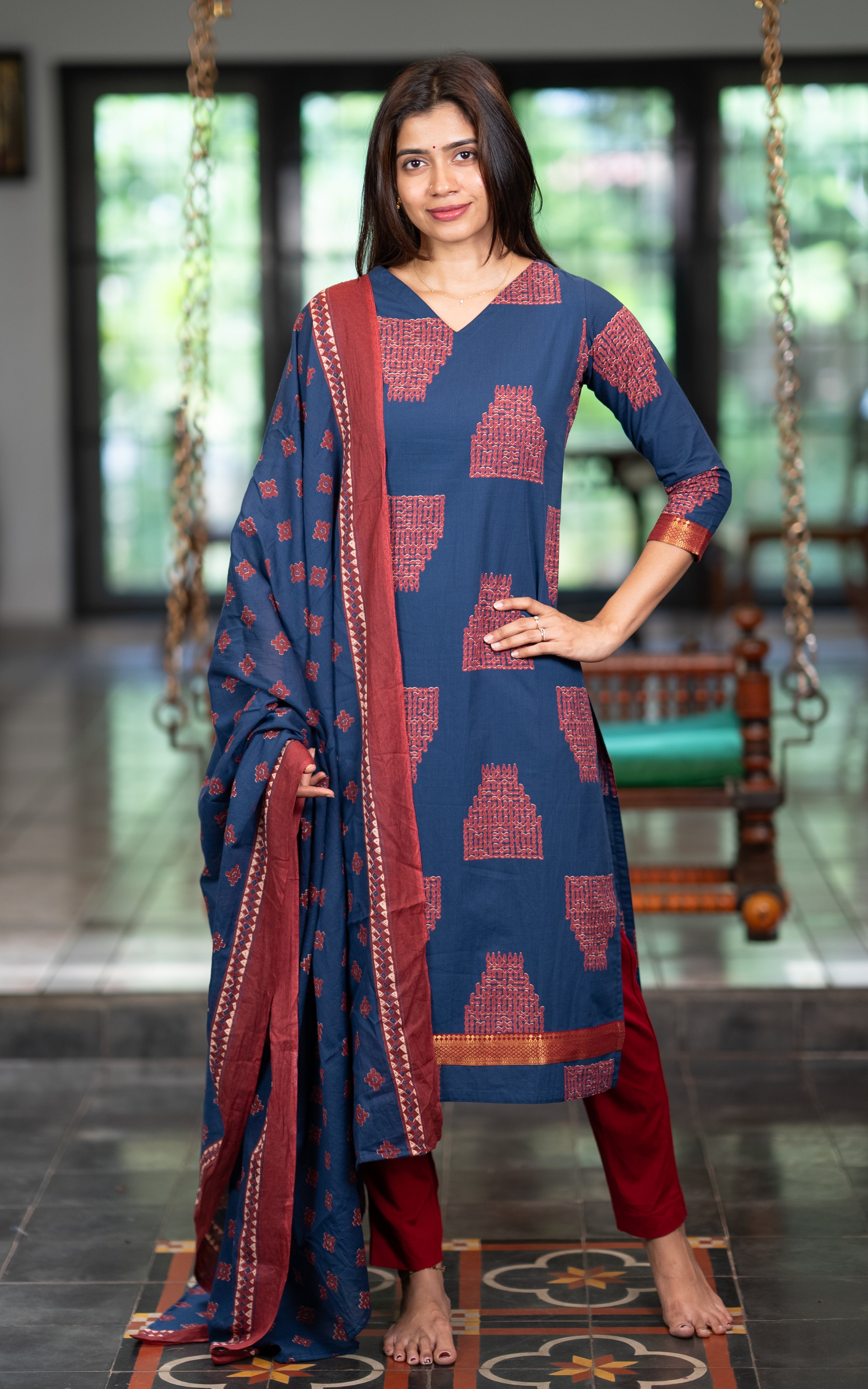 Blue Cotton Daily Wear Kurti with Dupatta for Women